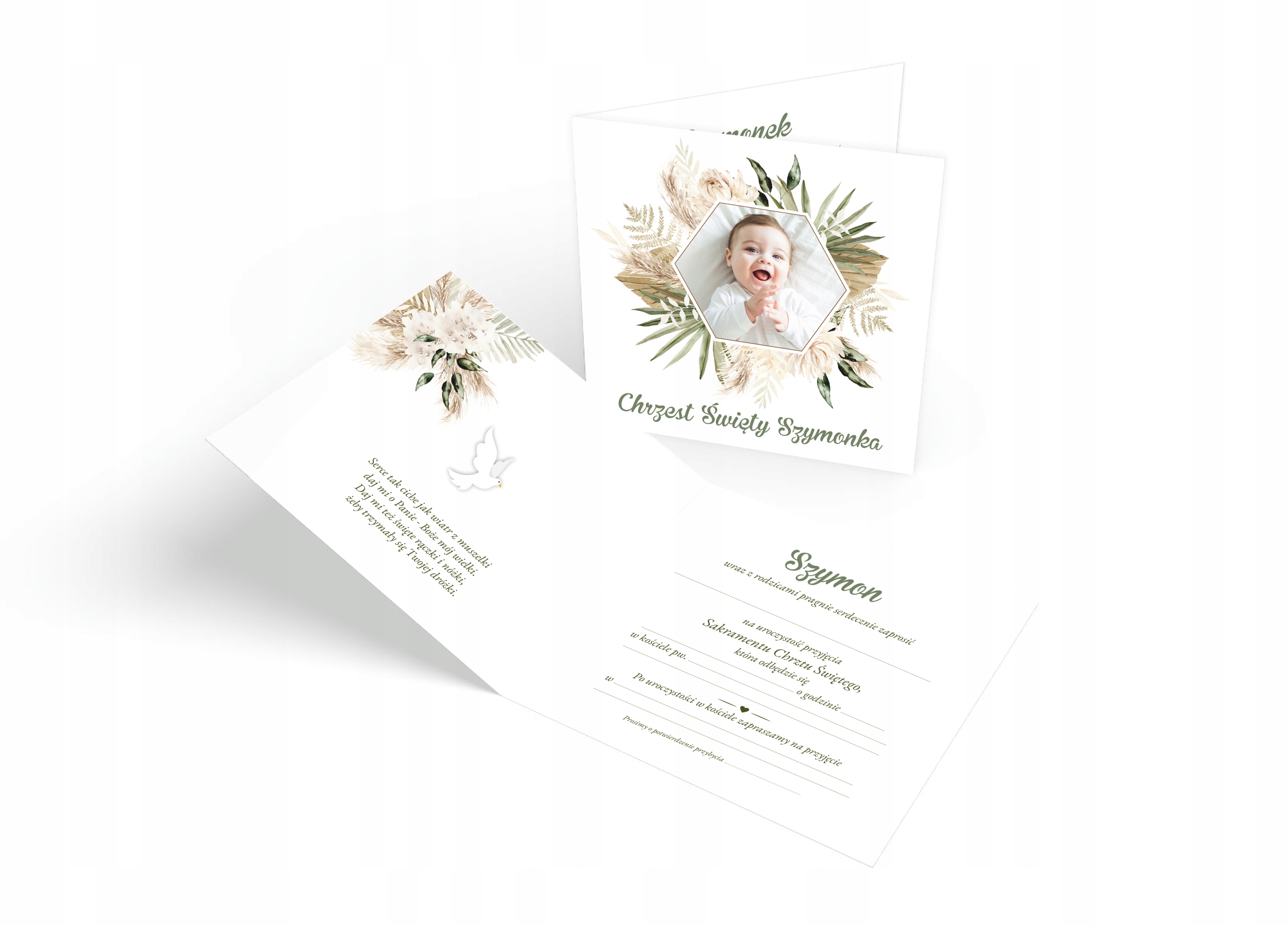 ZAPROSZENIA NA CHRZEST - ZE ZDJĘCIEM - BOHO - IMIĘ Szerokość produktu 14 cm