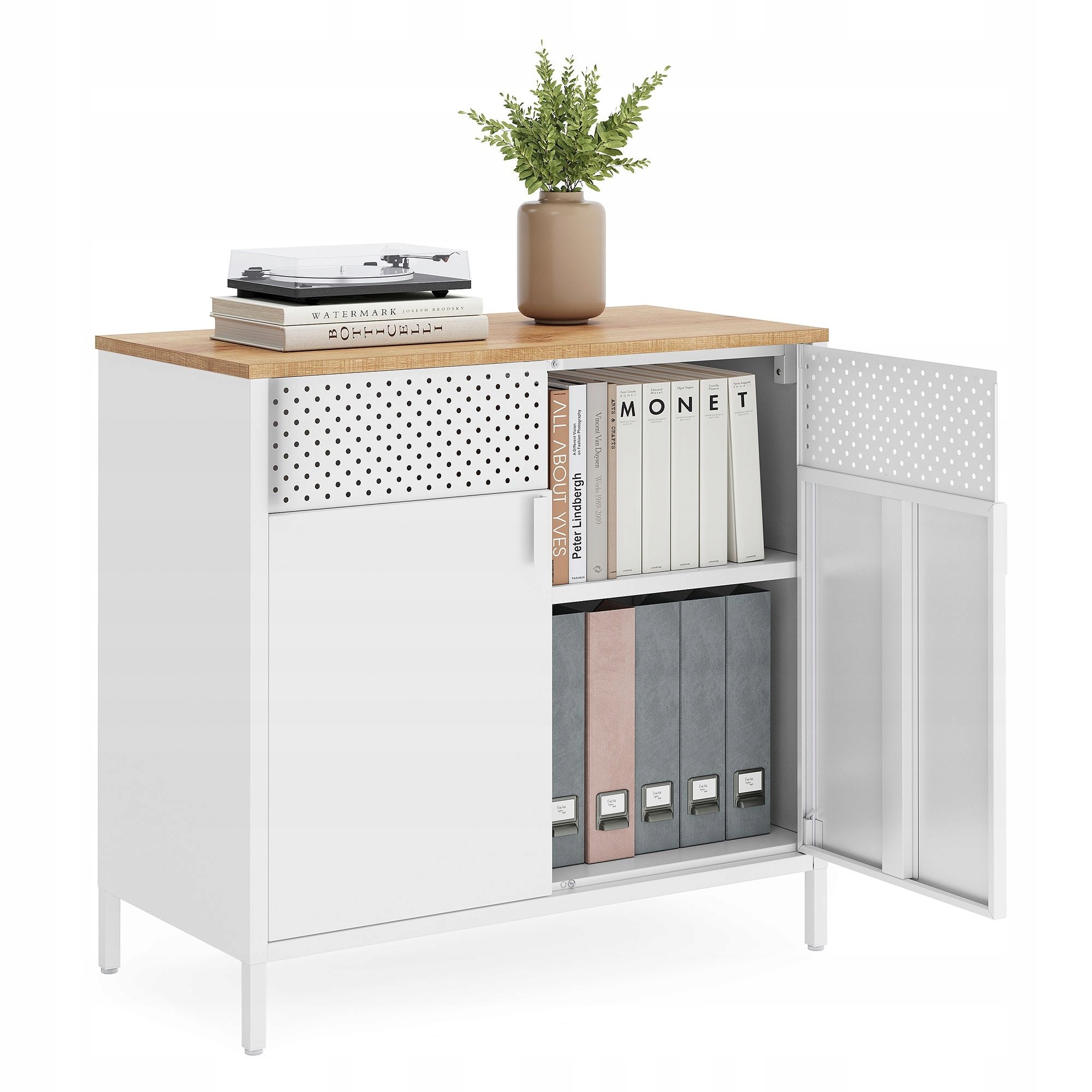 Pevná kovová komoda do obývačky s béžovou doskou z Mdf, bielo-béžová