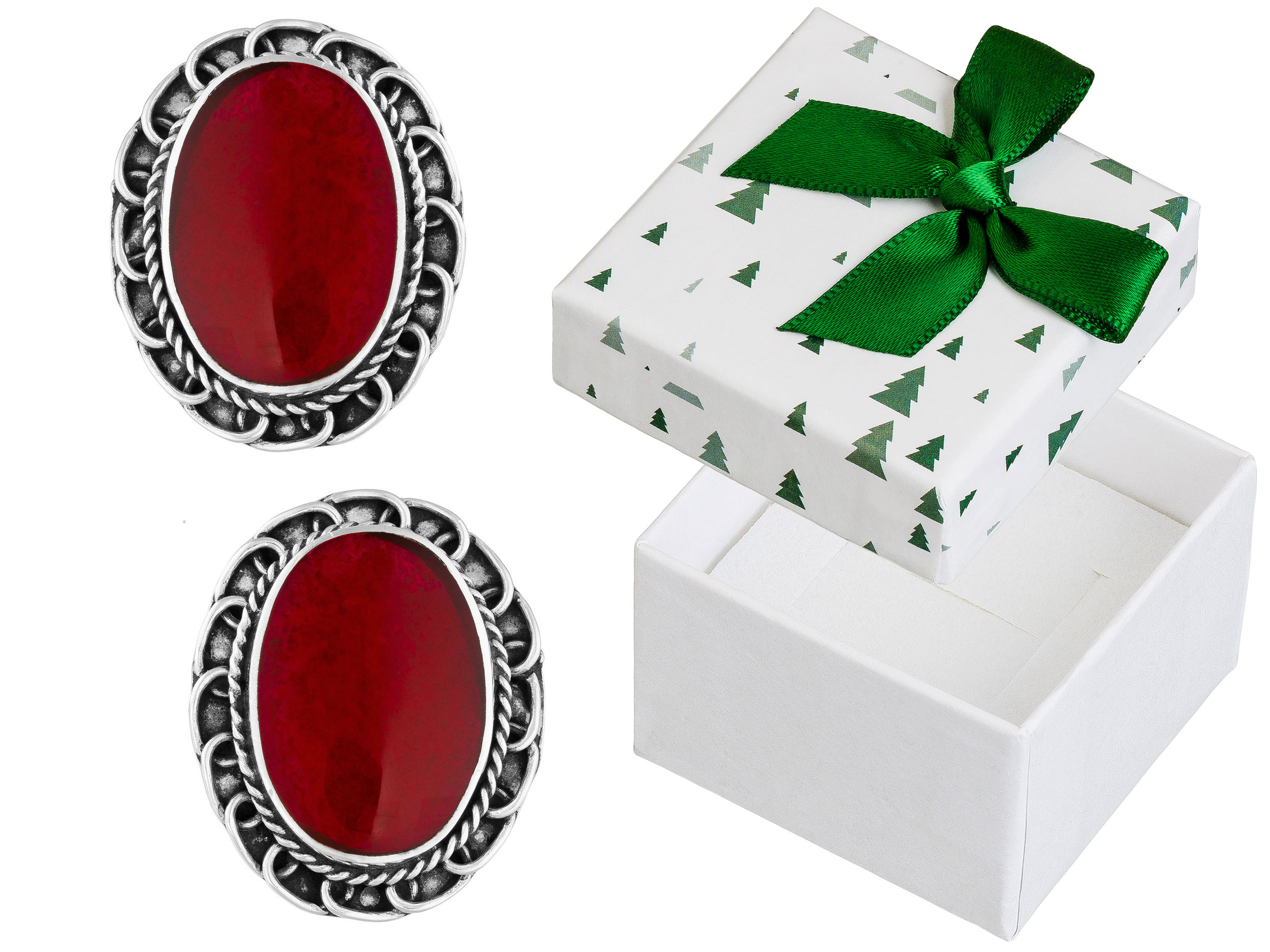 Stříbrné Náušnice Červené oválné šroubky s korálem Oxidovaná tyčinka 925