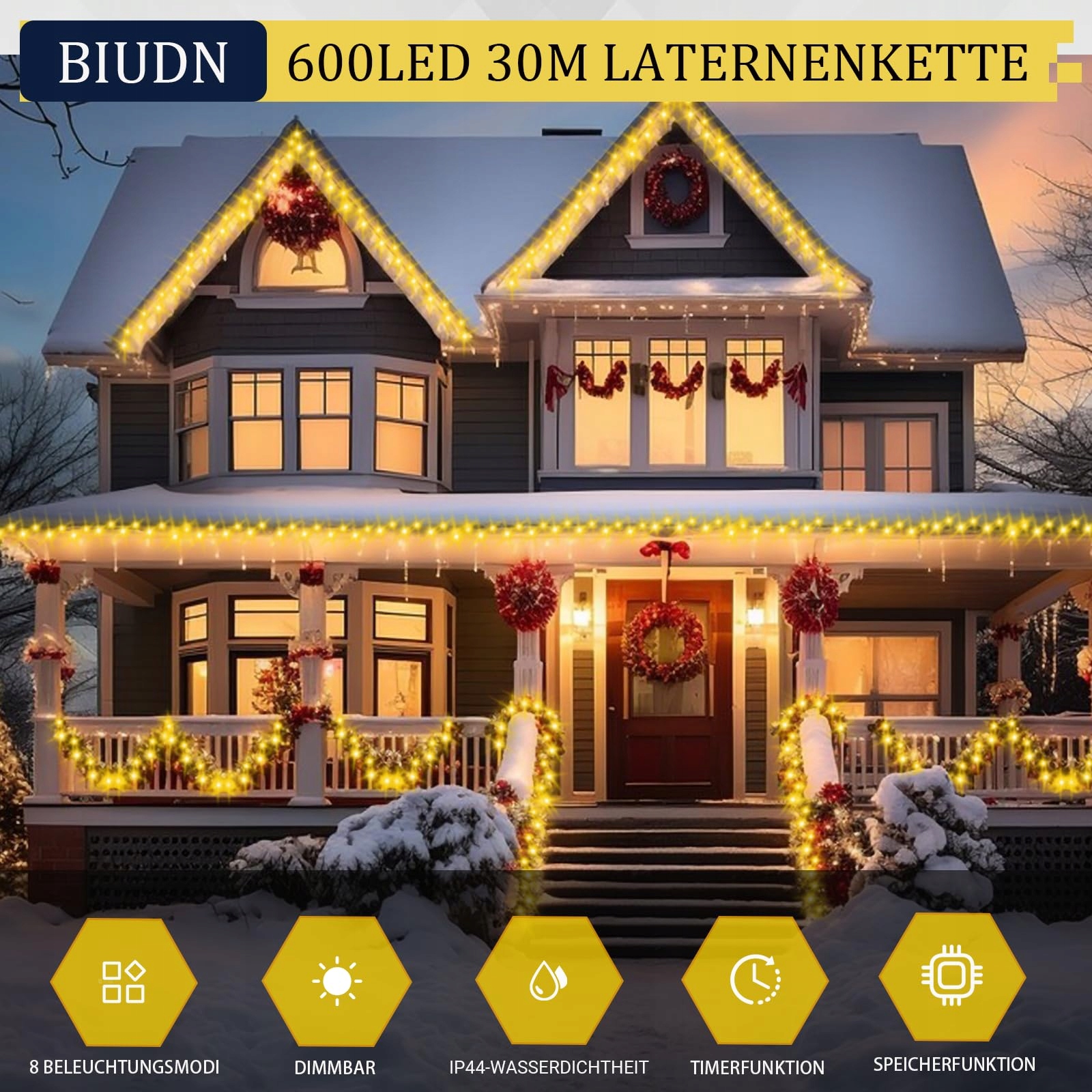BIUDN Lampa 600LED Zewnętrzna 30M 8 Trybów Timer Ciepła Na Święta Wesela — miniatura 2