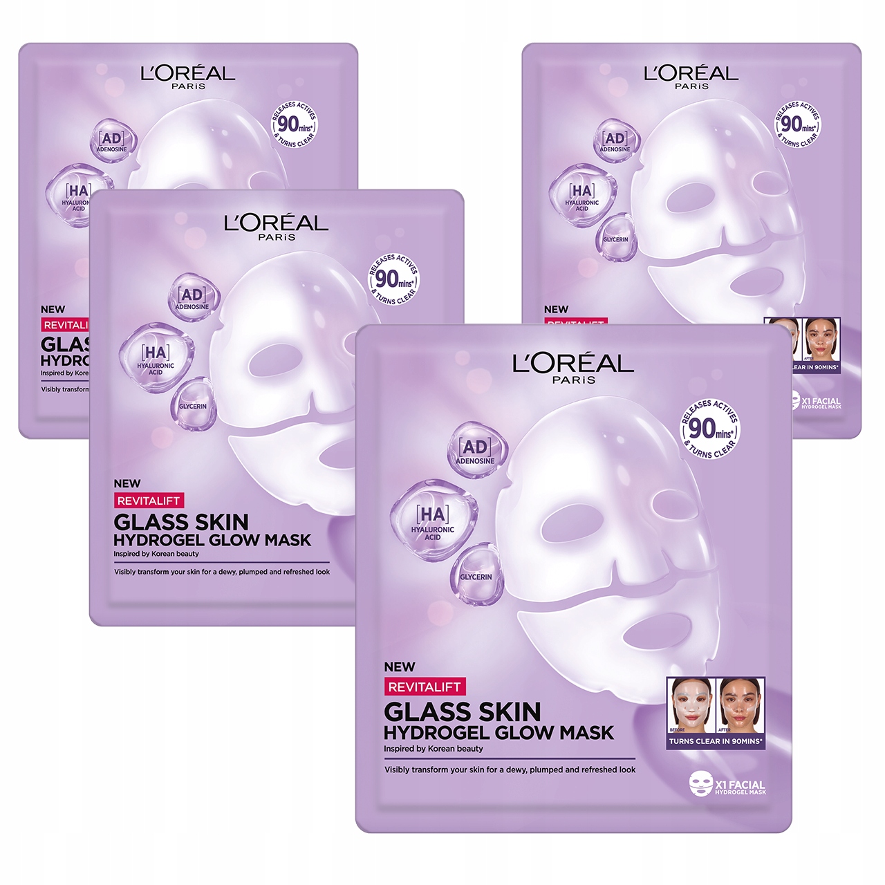 Zestaw 4x L'Oréal RevitaliftFiller GlassSkin Hydrożelowa Maseczka do Twarzy