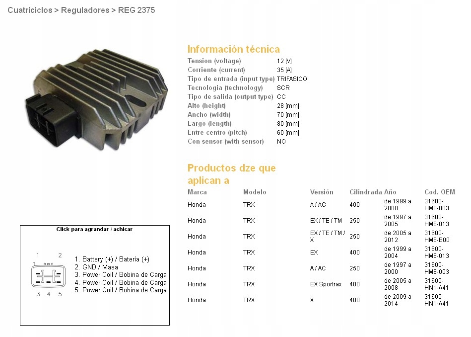 Dze Regulátor Napätia Honda TRX400 Ex Sportrax 99-09, TRX250 Recon 97-11,