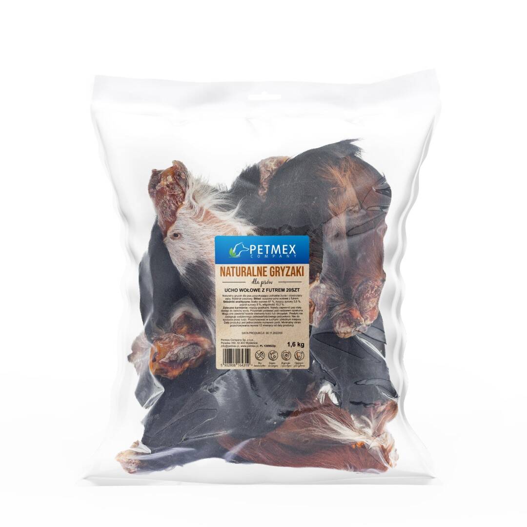 Levně Petmex Hovězí ucho s kožešinou 20 Ks Přírodní kousátko Psí Pamlsek