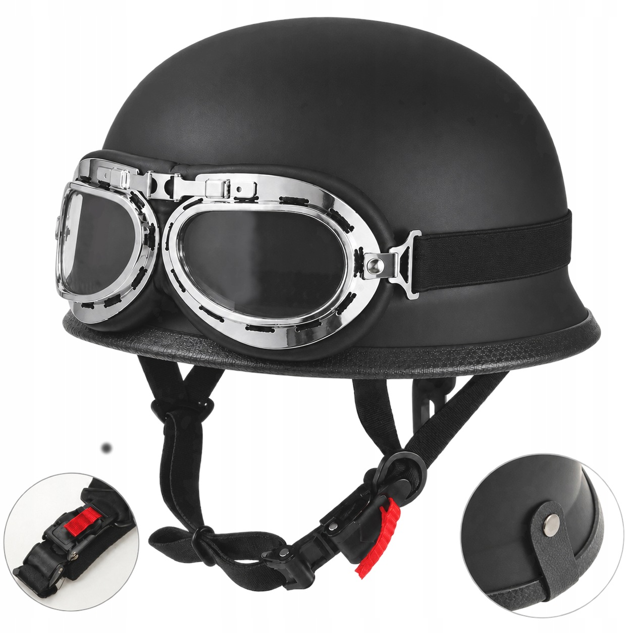 Hełm Kask XL Motocykl Gogle Chopper Czarny Niemiecki Weteran Orzeszek Lux