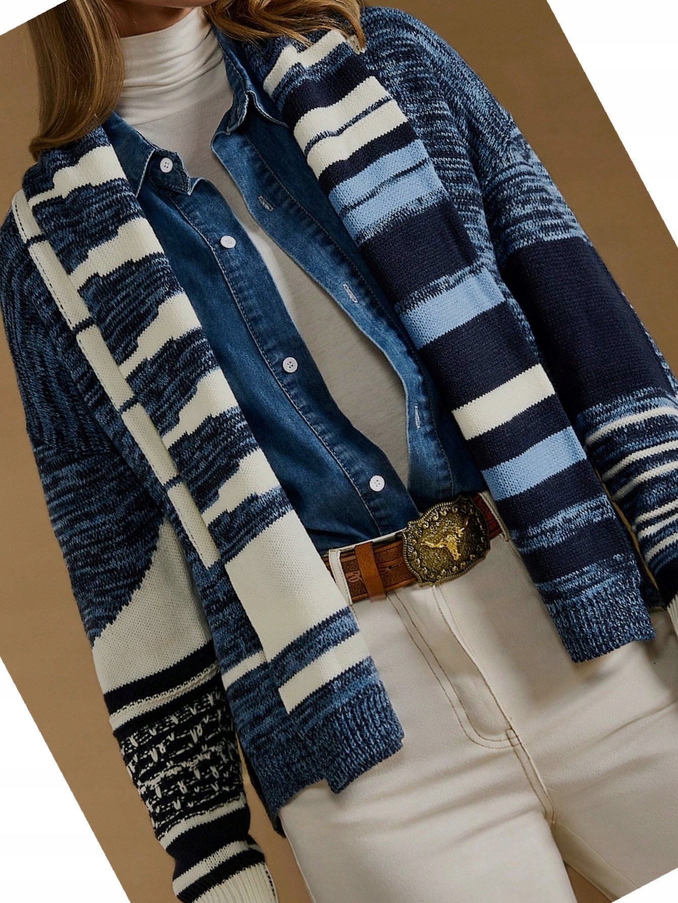 Dámský kardigan Oversize Modrý s pruhy Zavazovací Casual Svetr S 36