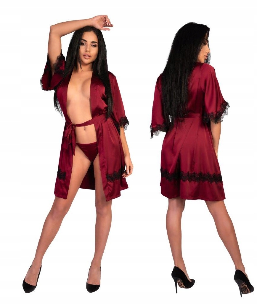 

Peniuar szlafrok satynowy krótki rękaw bordo L XL