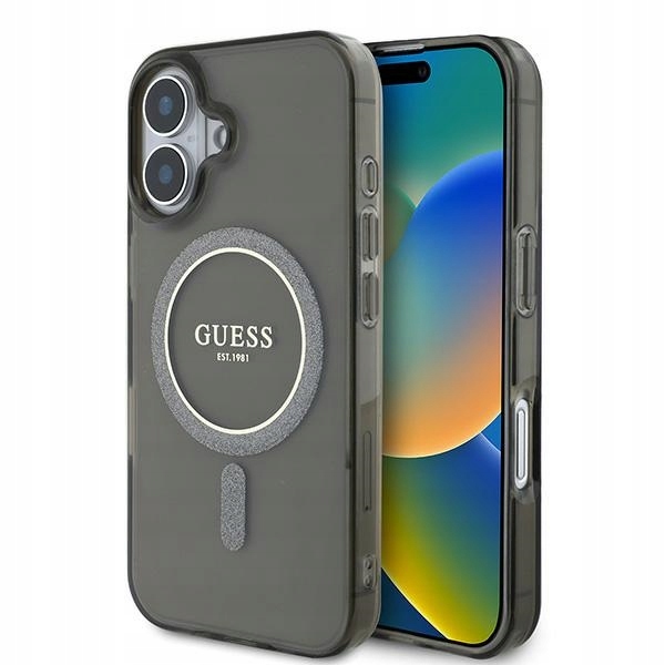 Pouzdro pro iPhone 16 Guess Glitter Circle MagSafe černé