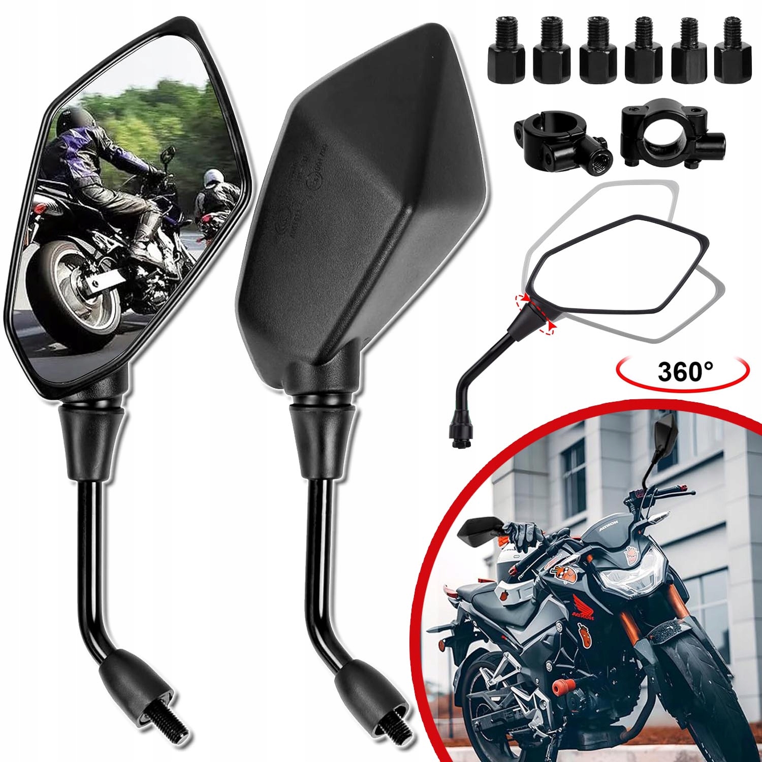 MOTOCYKLOWE LUSTERKA WSTECZNE UNIWERSALNY M8 M10 OBRÓT 360° DLA KIEROWNICY