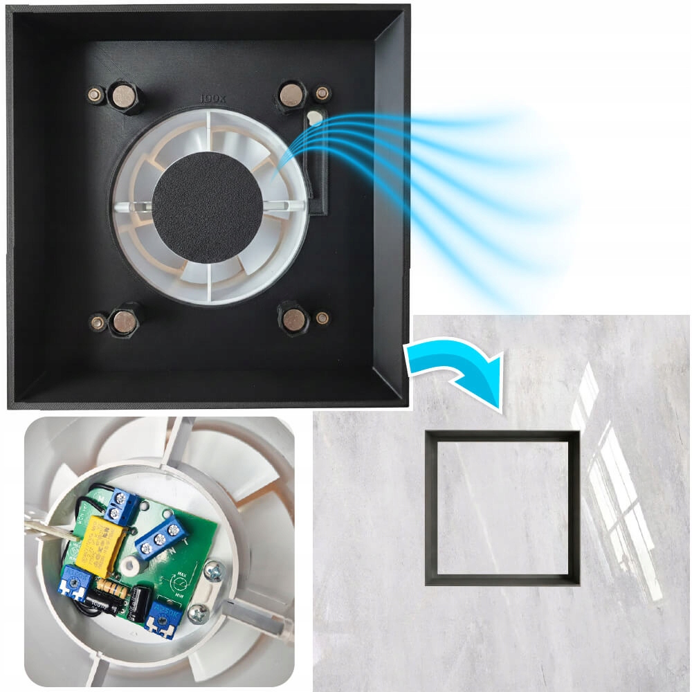Ukryty Wentylator czarny kratka 100mm Czujnik Wilgoci Timer|wc Bober|
