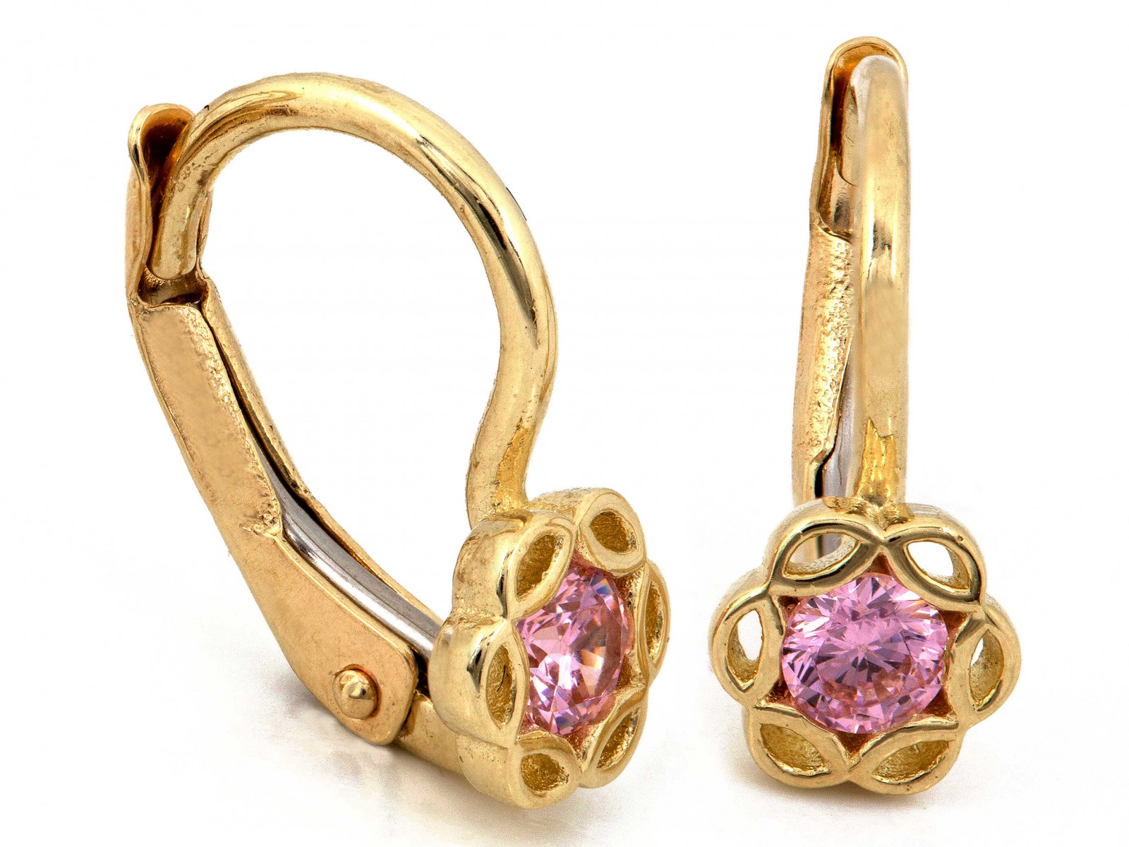 Náušnice zlaté 585 růžové kvítky s jedním zirkonem jako dárek k 14. květu