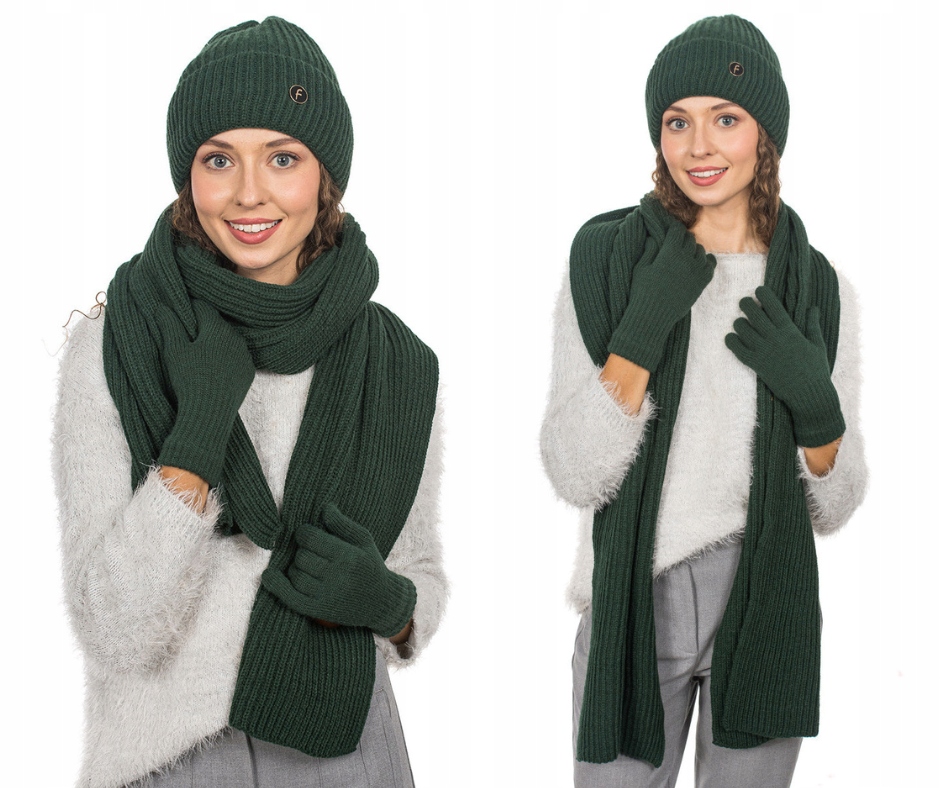 Dámský komplet čepice šála a zimní rukavice zelená polský výrobce