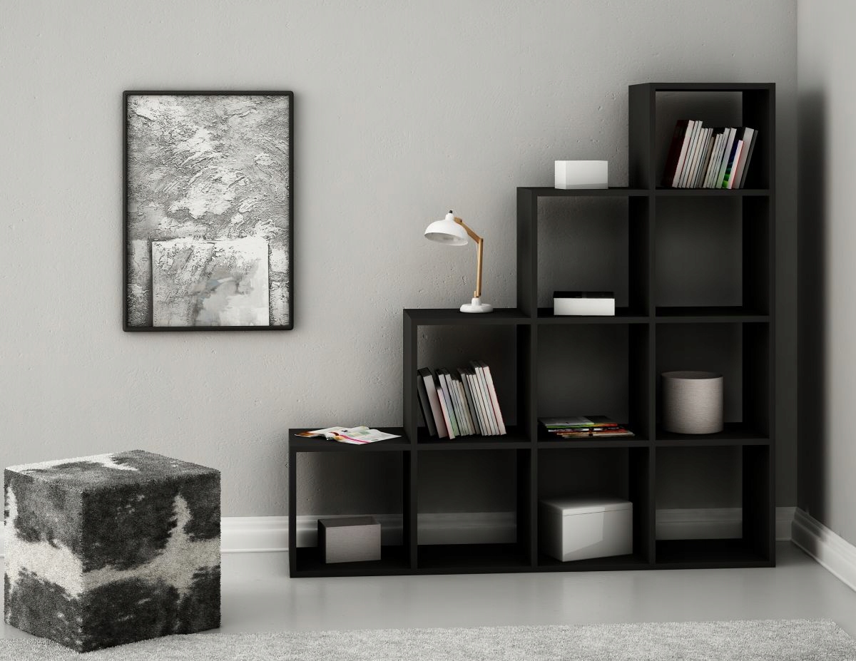 NOWOCZESNY REGAŁ SCHODKOWY NA KSIĄŻKI, ZABAWKI, BIAŁY, CZARNY, DĄB SONOMA Marka Art-Meble