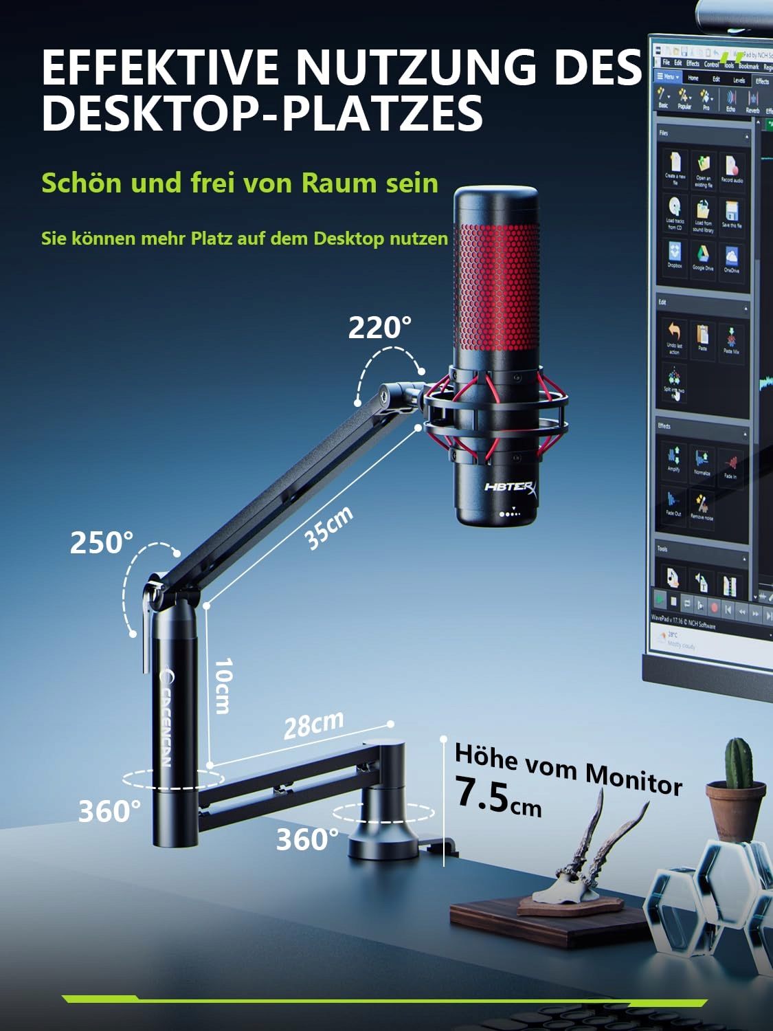 MIKROFONOWY BOOM ARM 360° Z UCHWYTEM DO STOŁU DO STREAMINGU I PODCASTÓW — miniatura 2