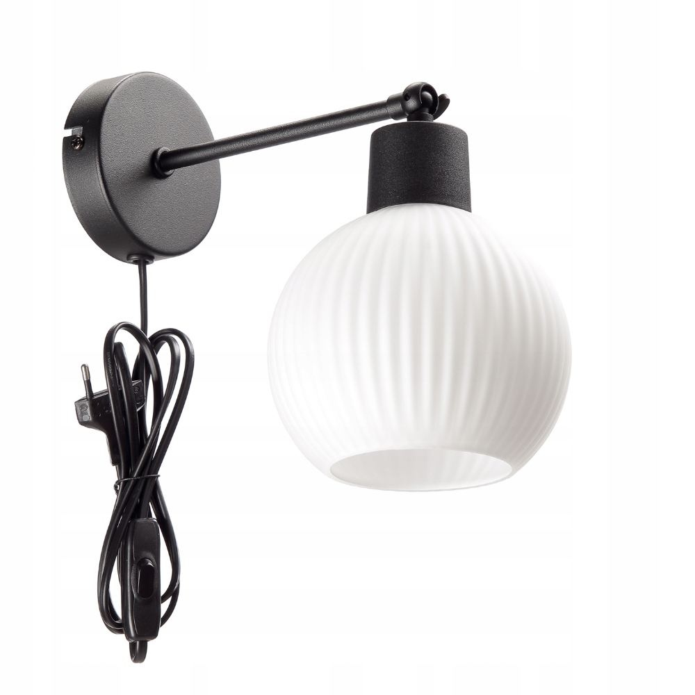 Lampa Ścienna Kinkiet Szklany Klosz Szklany Kula Prążki E27 Biały Wtyczka