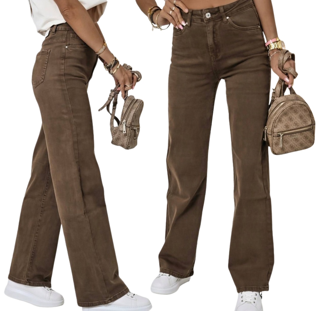 Dámské Džínové Kalhoty, rovné nohavice, Vysoký Pas, Čokoláda, Hnědá L