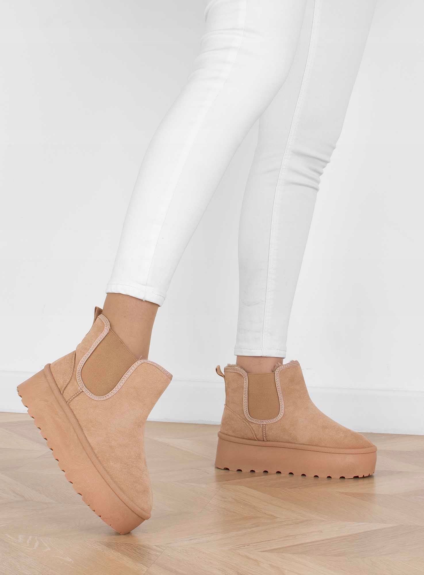 ŚNIEGOWCE BEŻOWE OCIEPLANE KHAKI BOTKI NA PLATFORMIE WSUWANE 40 Wzór dominujący bez wzoru