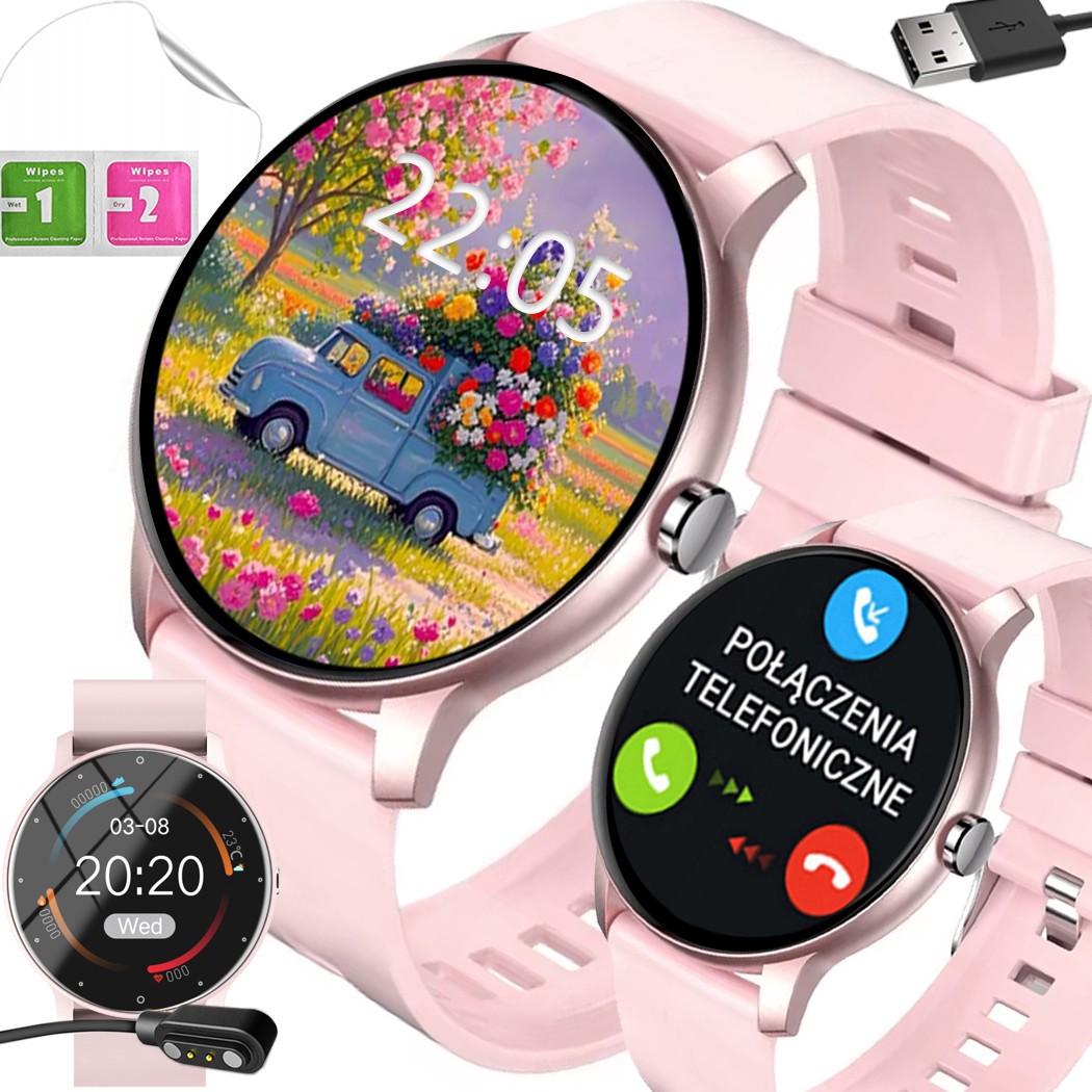 Smartwatch Zegarek Damski Różowy Rozmowy Pl Meny Powiadomienia Folia
