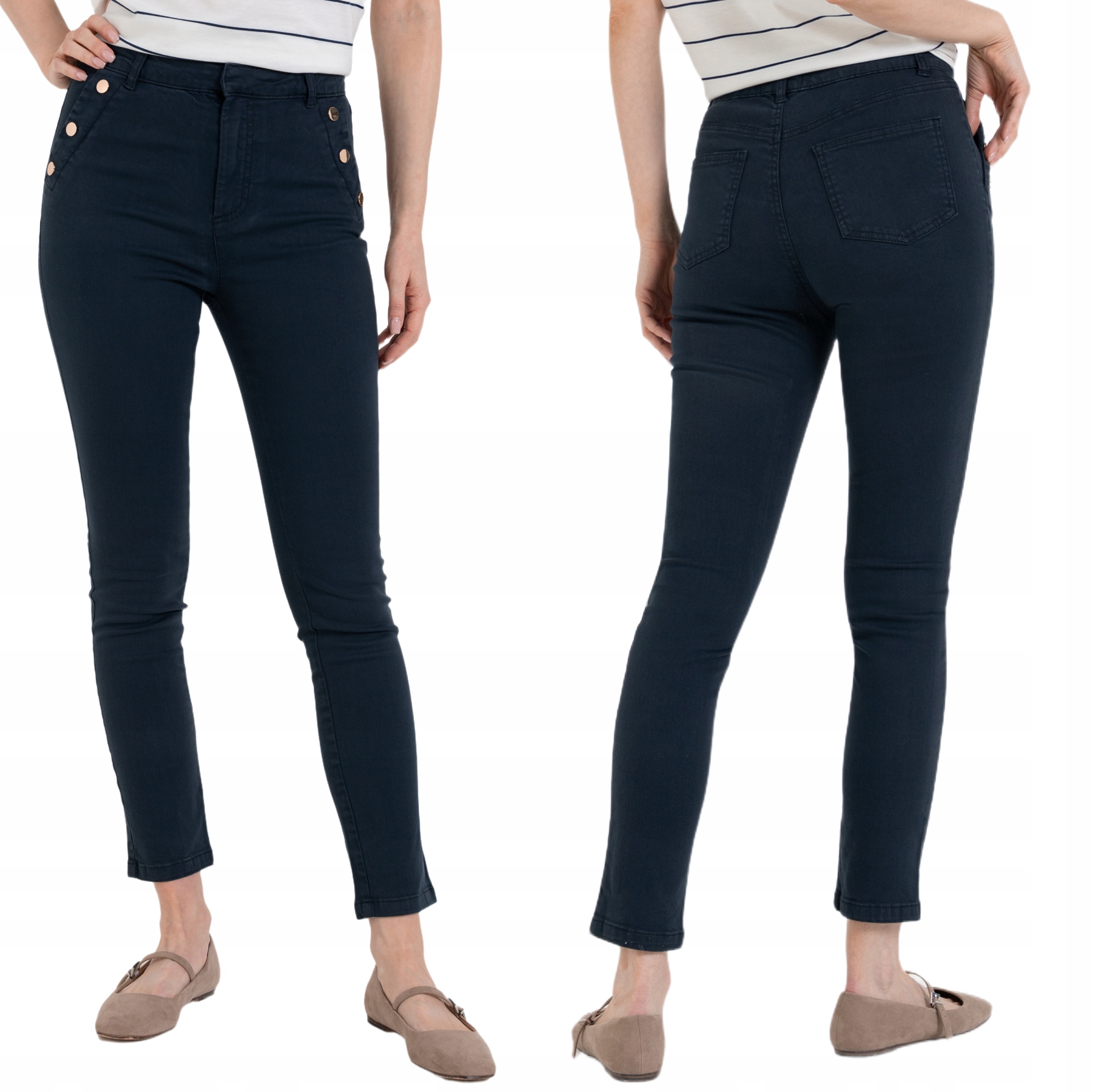 Spodnie Damskie Rurki Z Wysokim Stanem Bawełniane Moraj Niebieski M