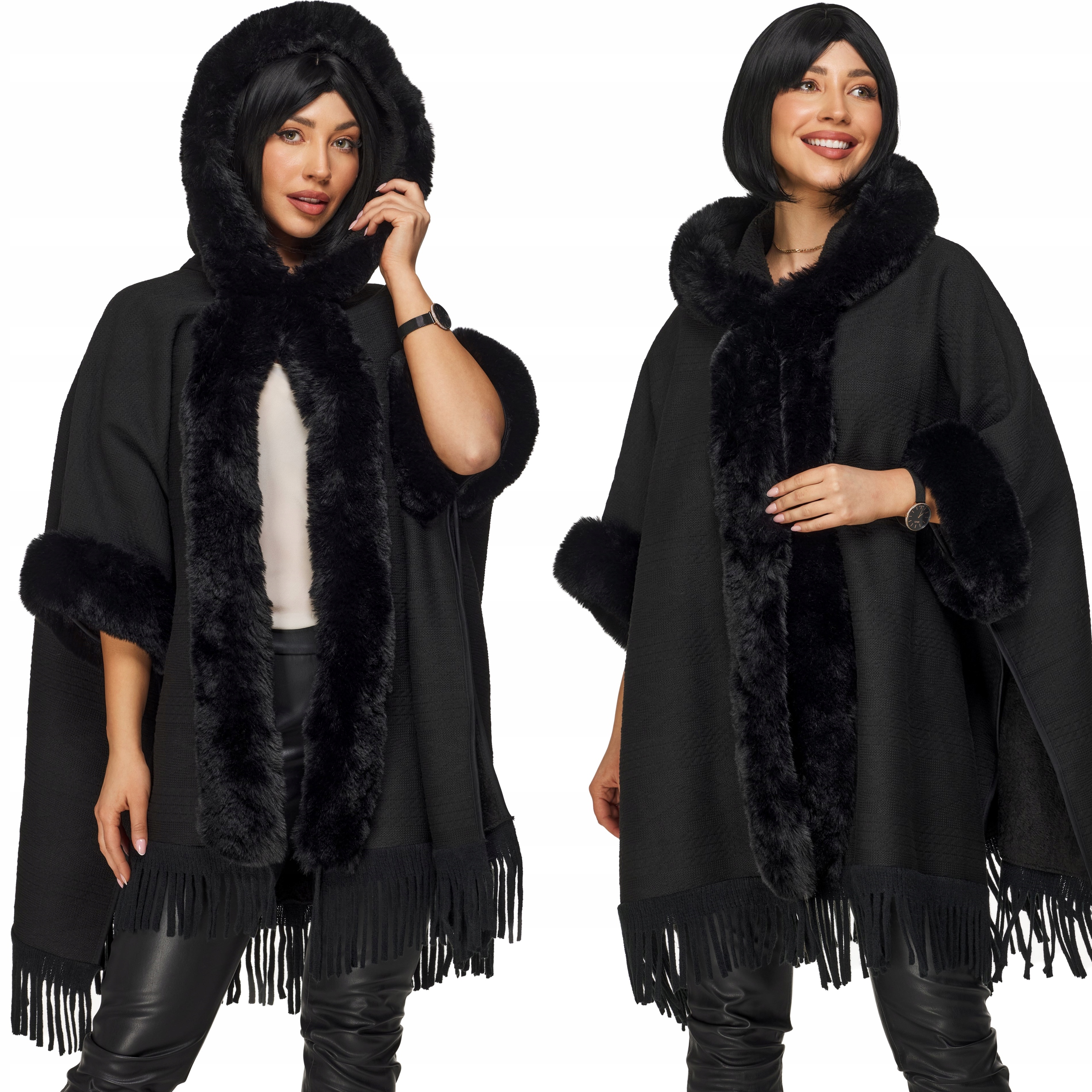 Dámské Pončo s kapucí teplé silné zimní pletenina s třásněmi kožešina černá