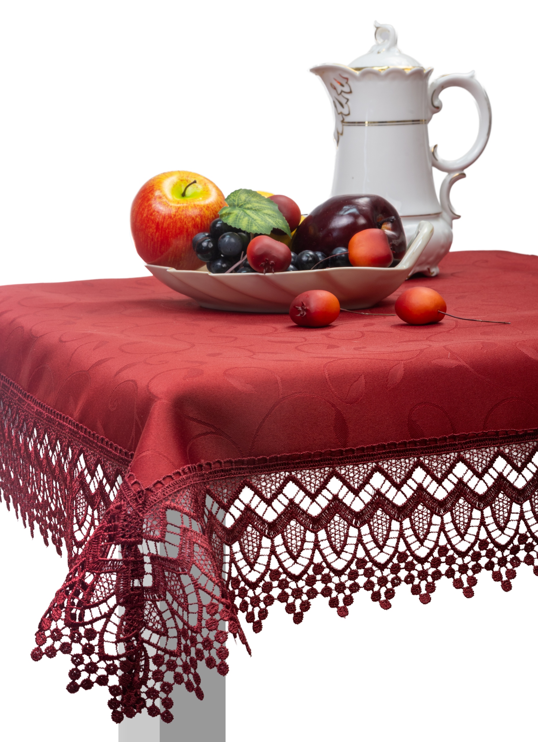 Bordowy gipiurowy obrus plamoodporny z szeroką koronką Premium 150X390