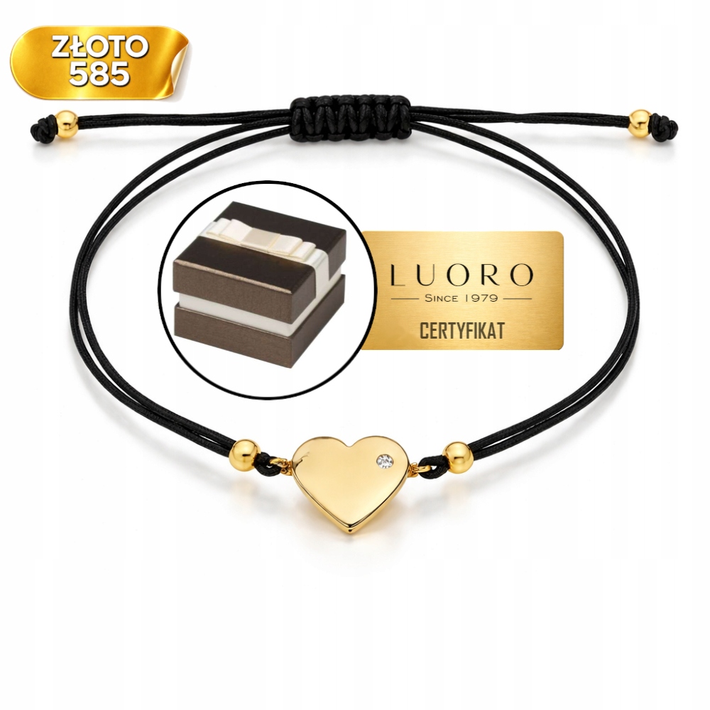 Zlatý Náramek 585 14K Srdce Zirkon Černá Šňůrka Nastavitelná 21 CM