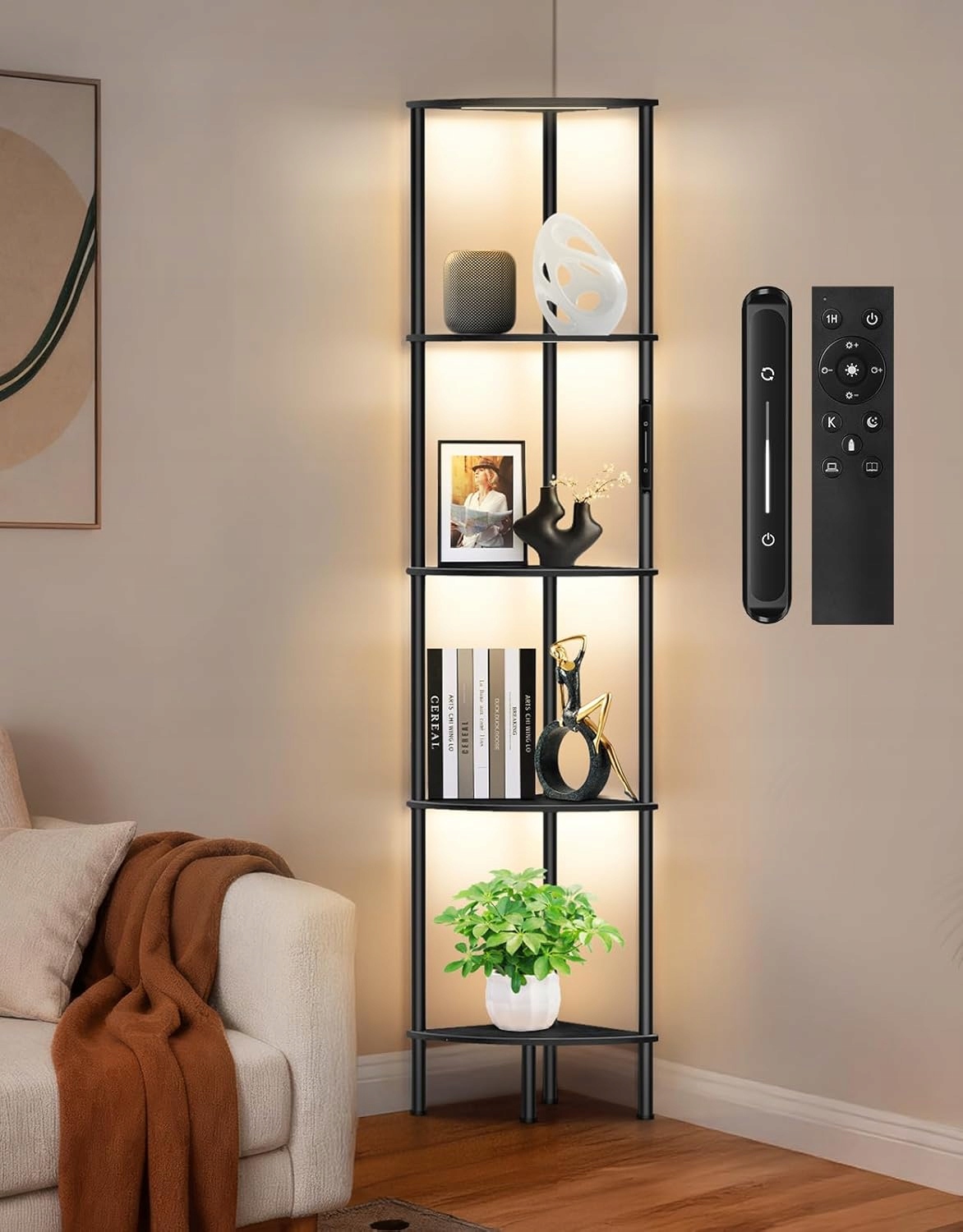 Narożna lampa Led Outonlife słupek z półkami i pilotem – klimat