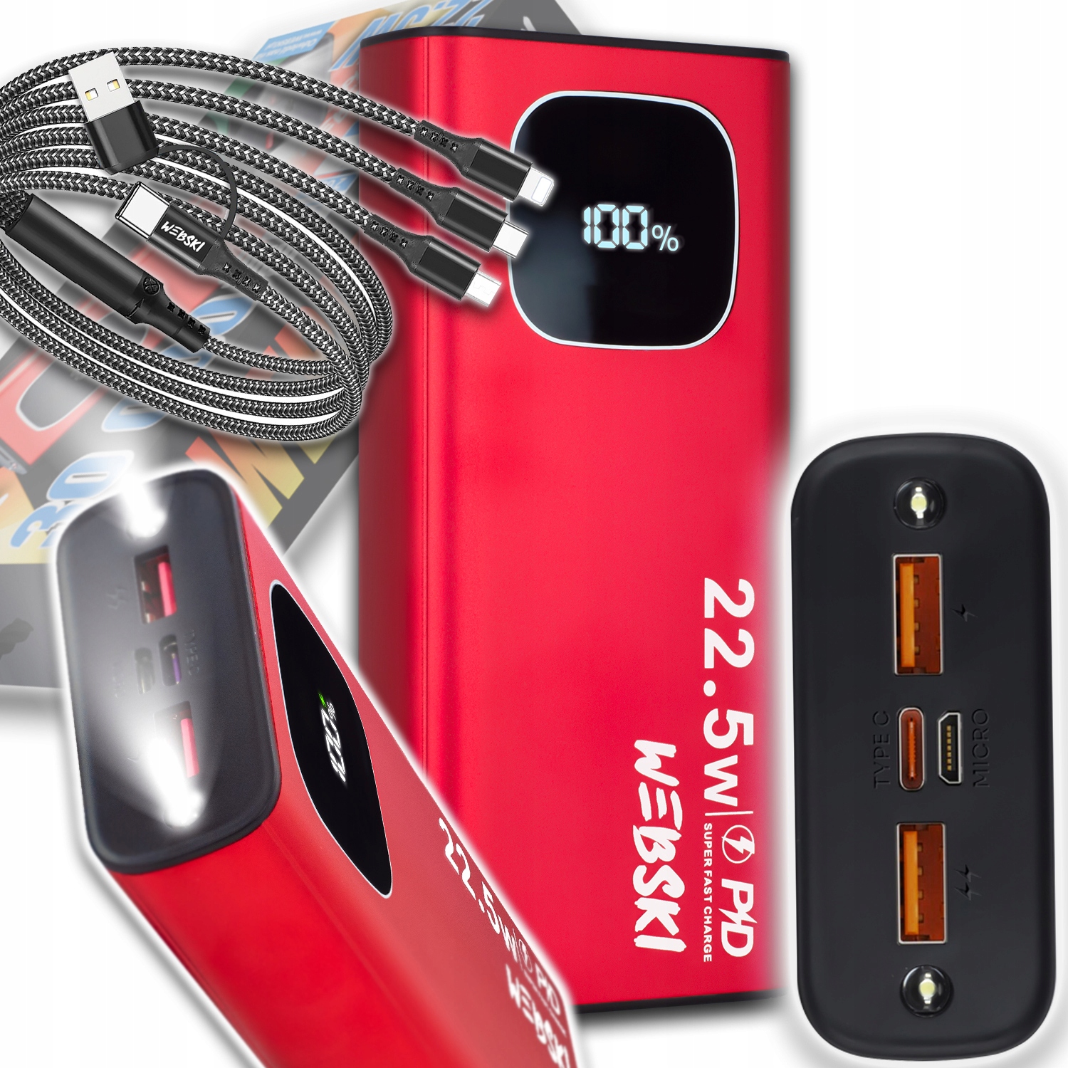 Powerbank 22,5W Rychlé Nabíjení Qc Pd Usb-c 2X Usb Kabel 6V1 Usb-c Lightning
