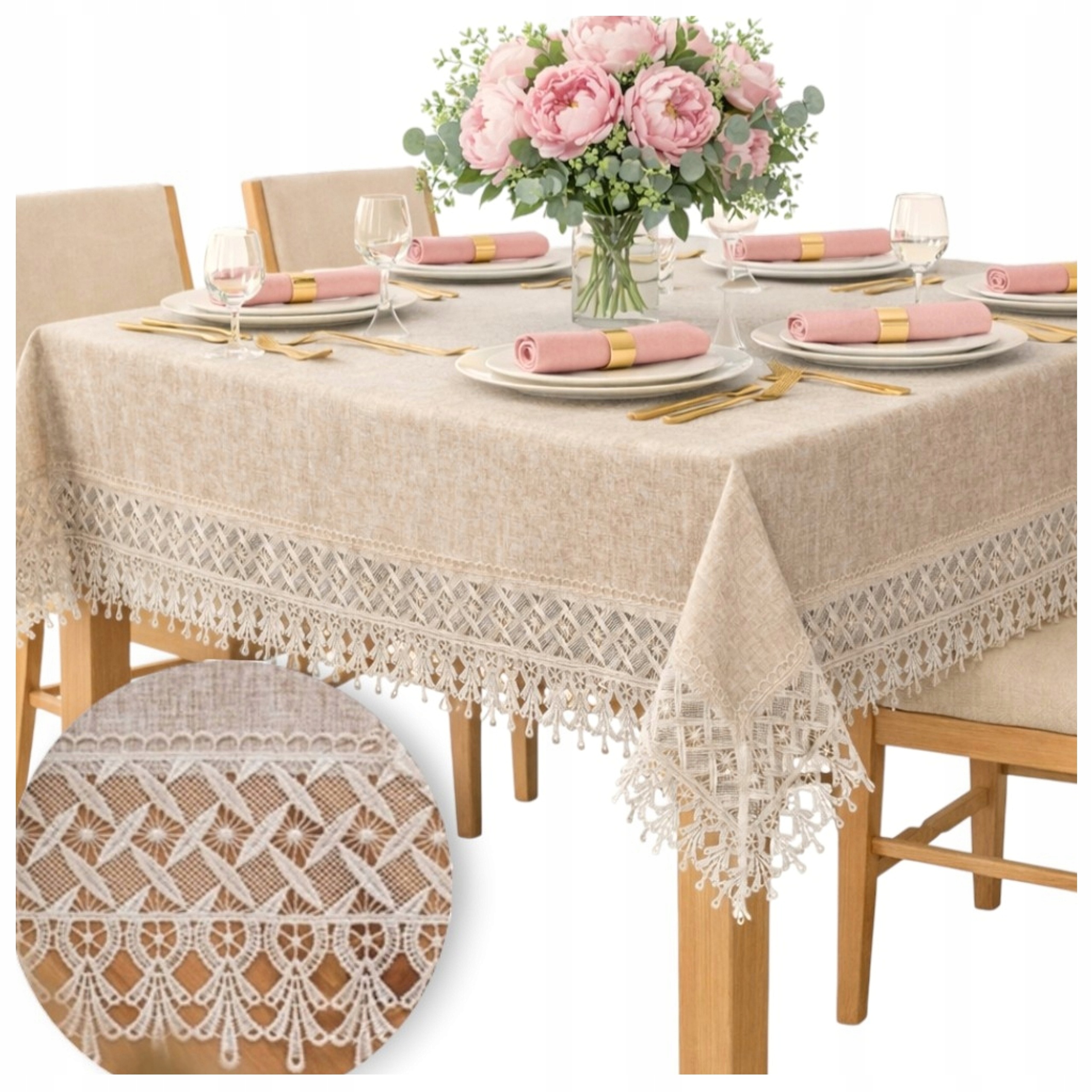 Hladký ubrus Béžový klasický elegantní s krajkou na Vánoce 150x300 na stůl