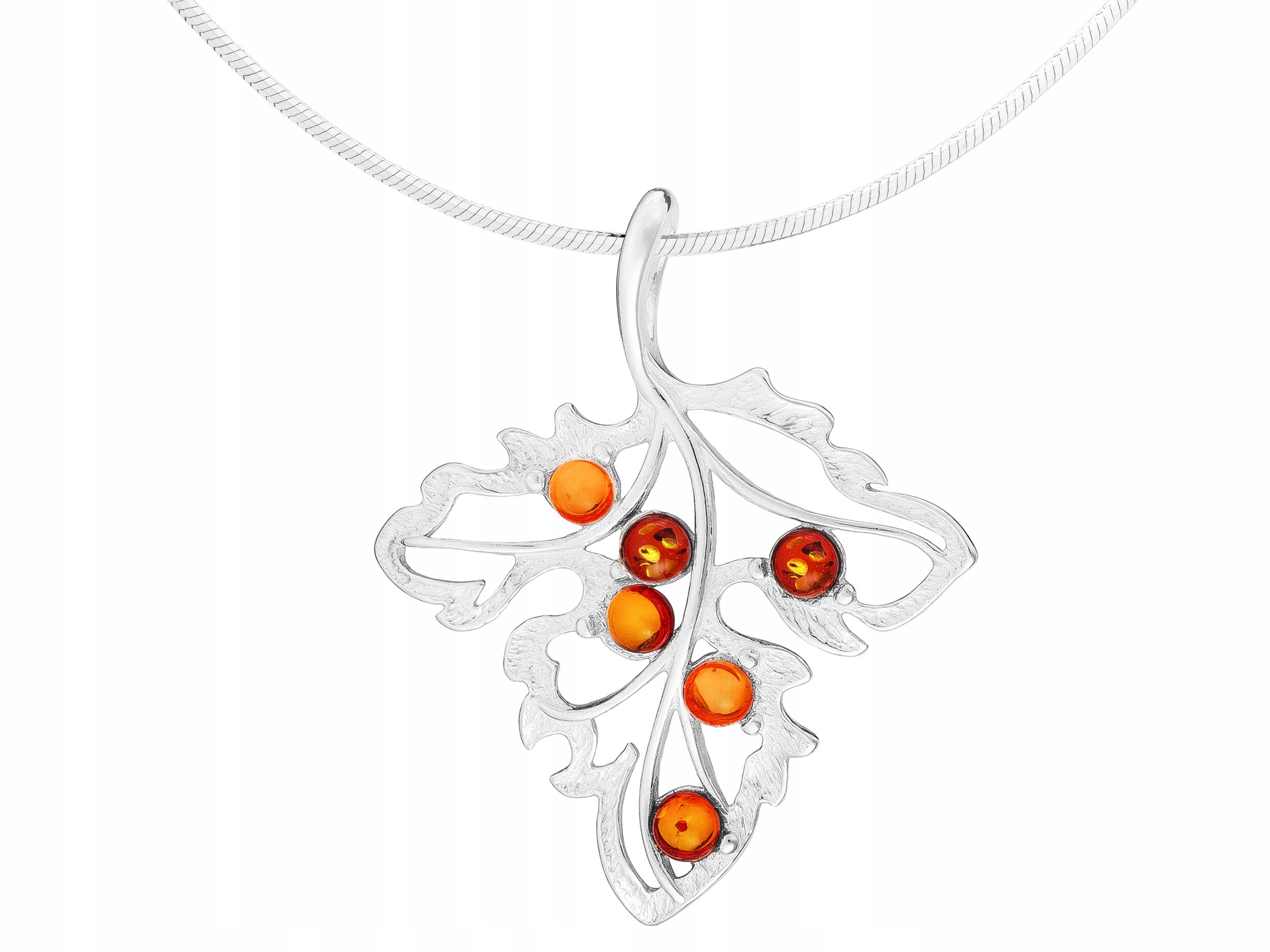 Dlouhý stříbrný ažurový dámský náhrdelník s listy a jantarem Stříbro 55