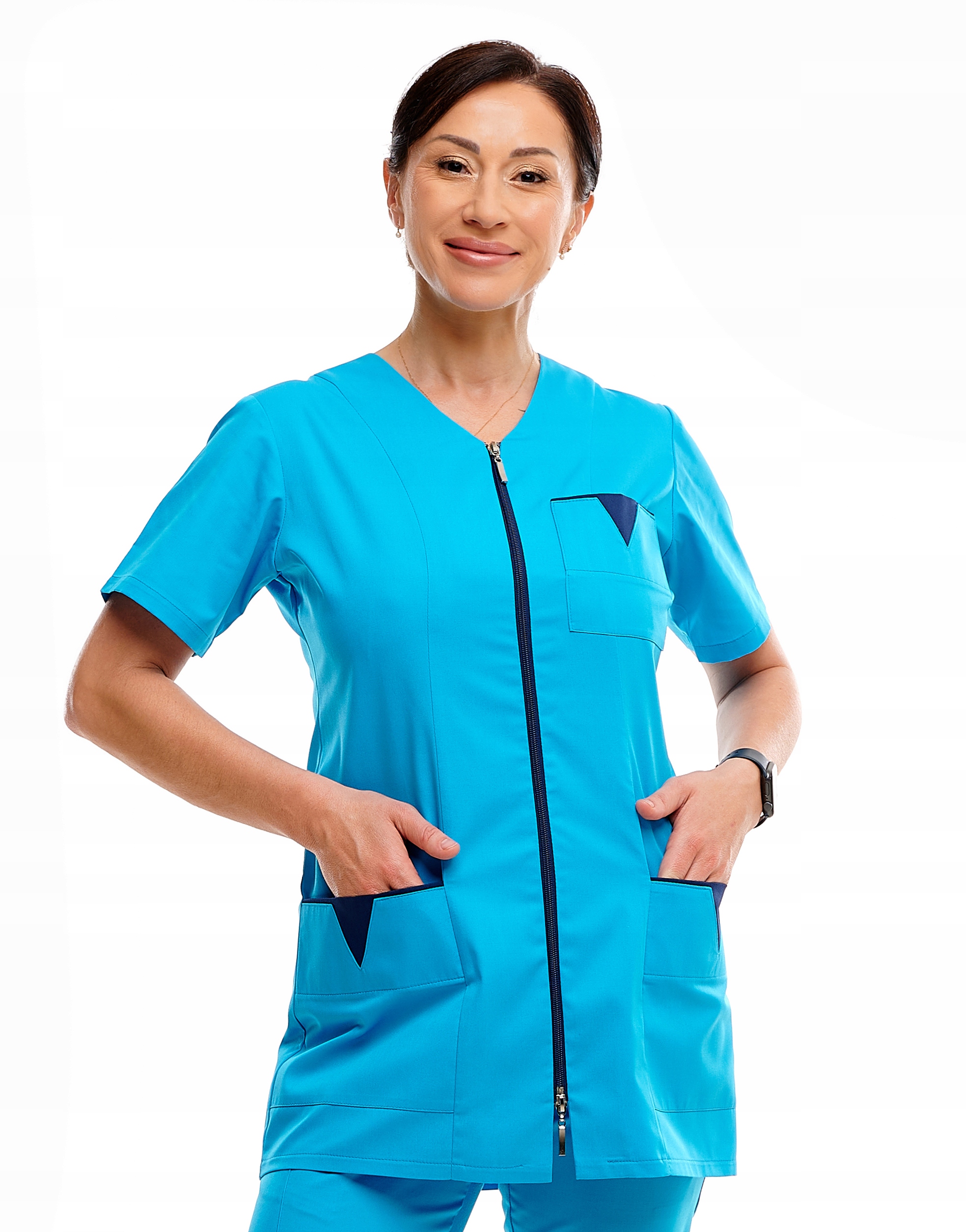 Fartuch Medyczny Roz. 38 Niebieska Garsonka Rozpinana Zamek Bluza Ochronna