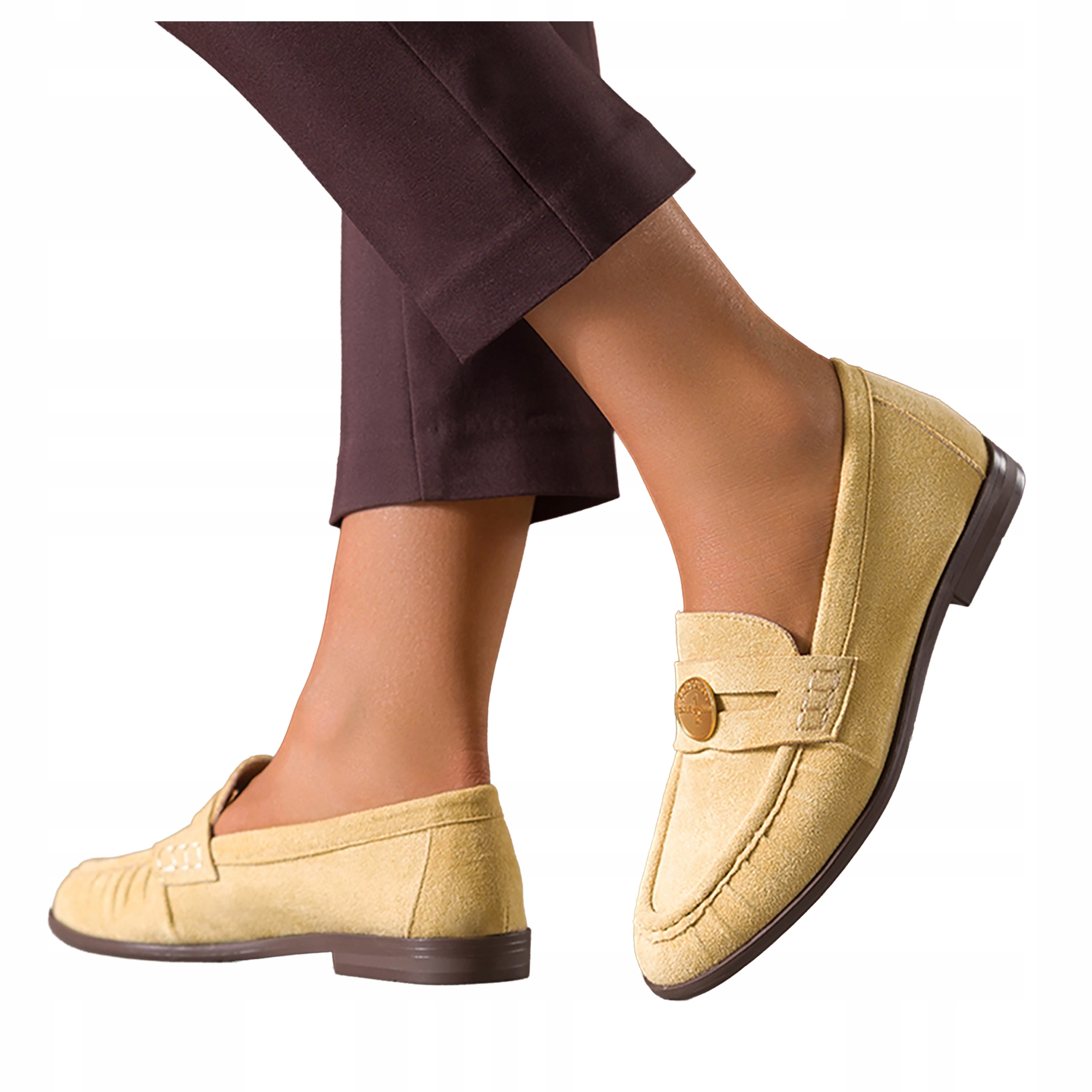 Žluté dámské Semišové Mokasíny Ploché Pohodlné Módní S Zlatou Ozdobou vel. 38