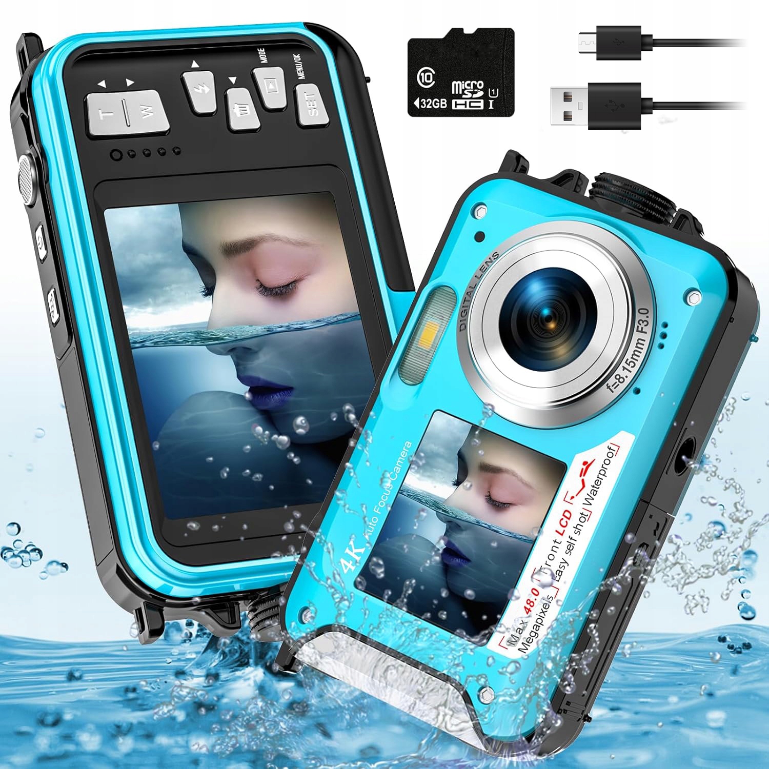 Voděodolný Digitální Fotoaparát Kamera Hd 32GB 4K 48 Mp 16X Zoom LCD Modrá