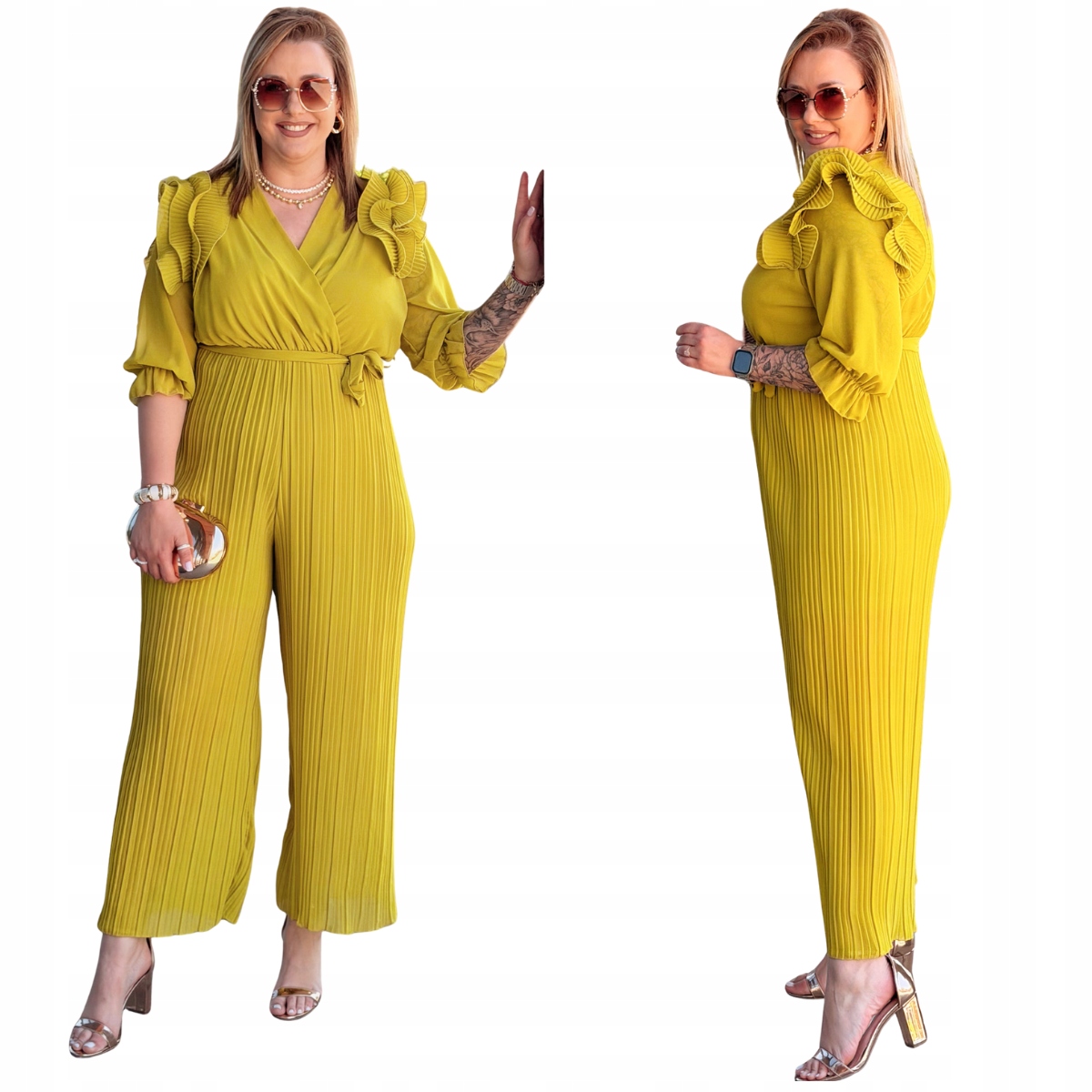 Plisovaná kombinéza Plus Size Velké rozmary Cavaricci Dámský šifon Limetka