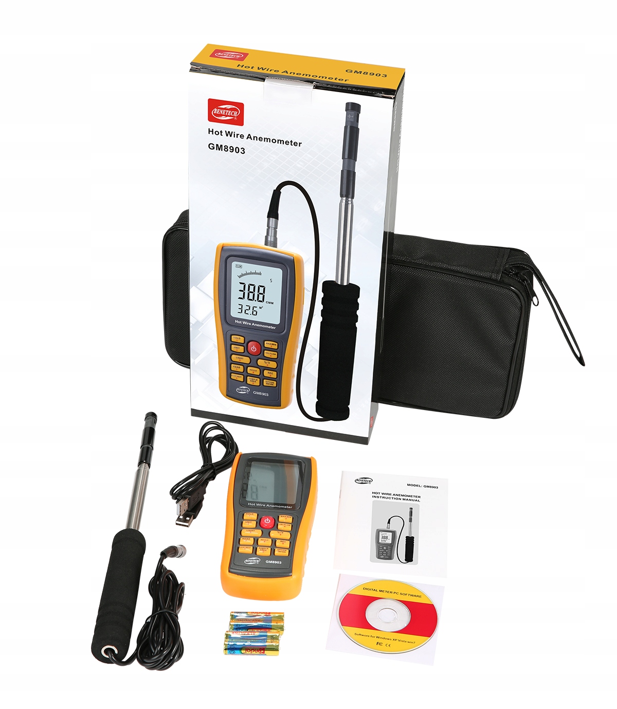 ANEMOMETR HOT WIRE TERMOANEMOMETR Typu K POMIAR PRĘDKOŚCI WIATRU TERMICZNY Waga produktu z opakowaniem jednostkowym 0.33 kg