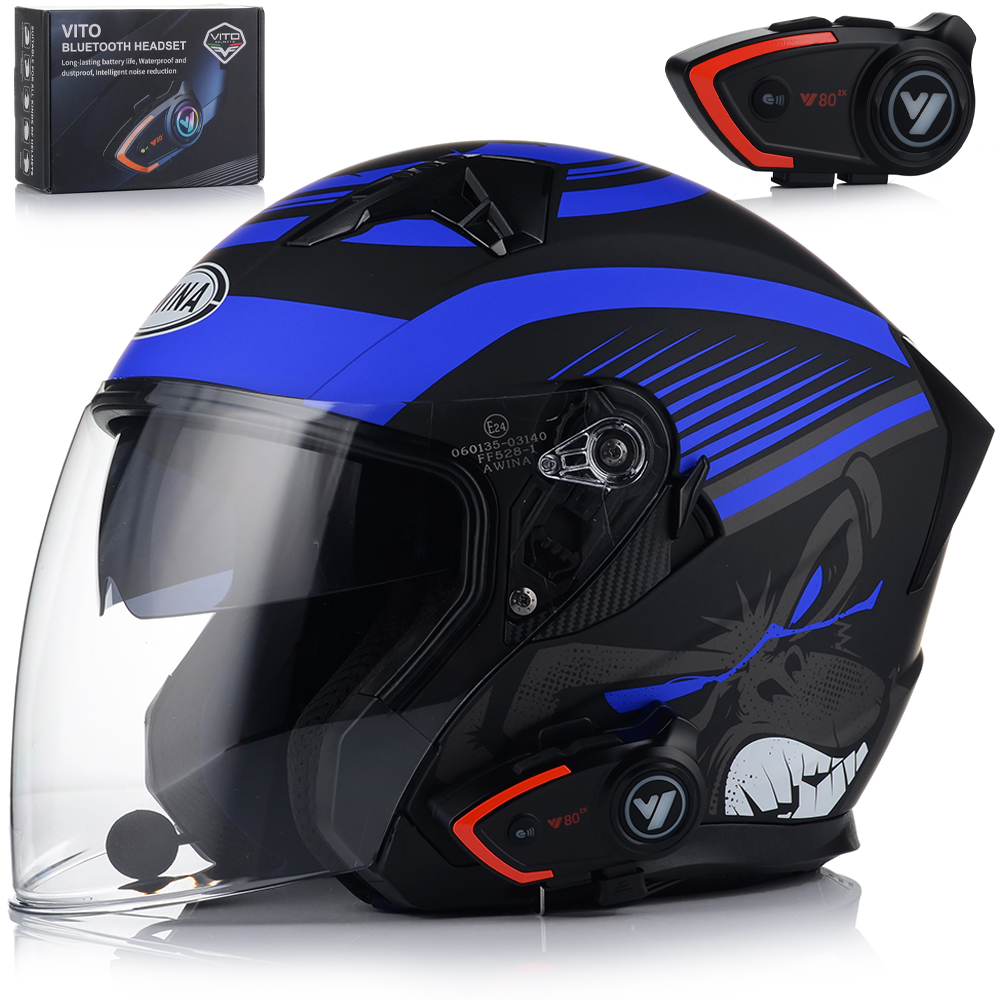 Otvorená Motocyklová Prilba Modrá Matt Skúter Chopper Clona Interkom