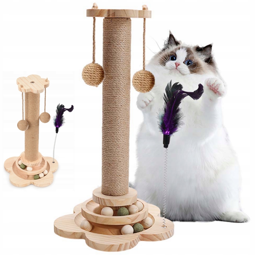 Levně Nízké škrabadlo pro kočky 2 úrovně sloupek 44.5 cm s hůlkou pro kočky a 6 míčky