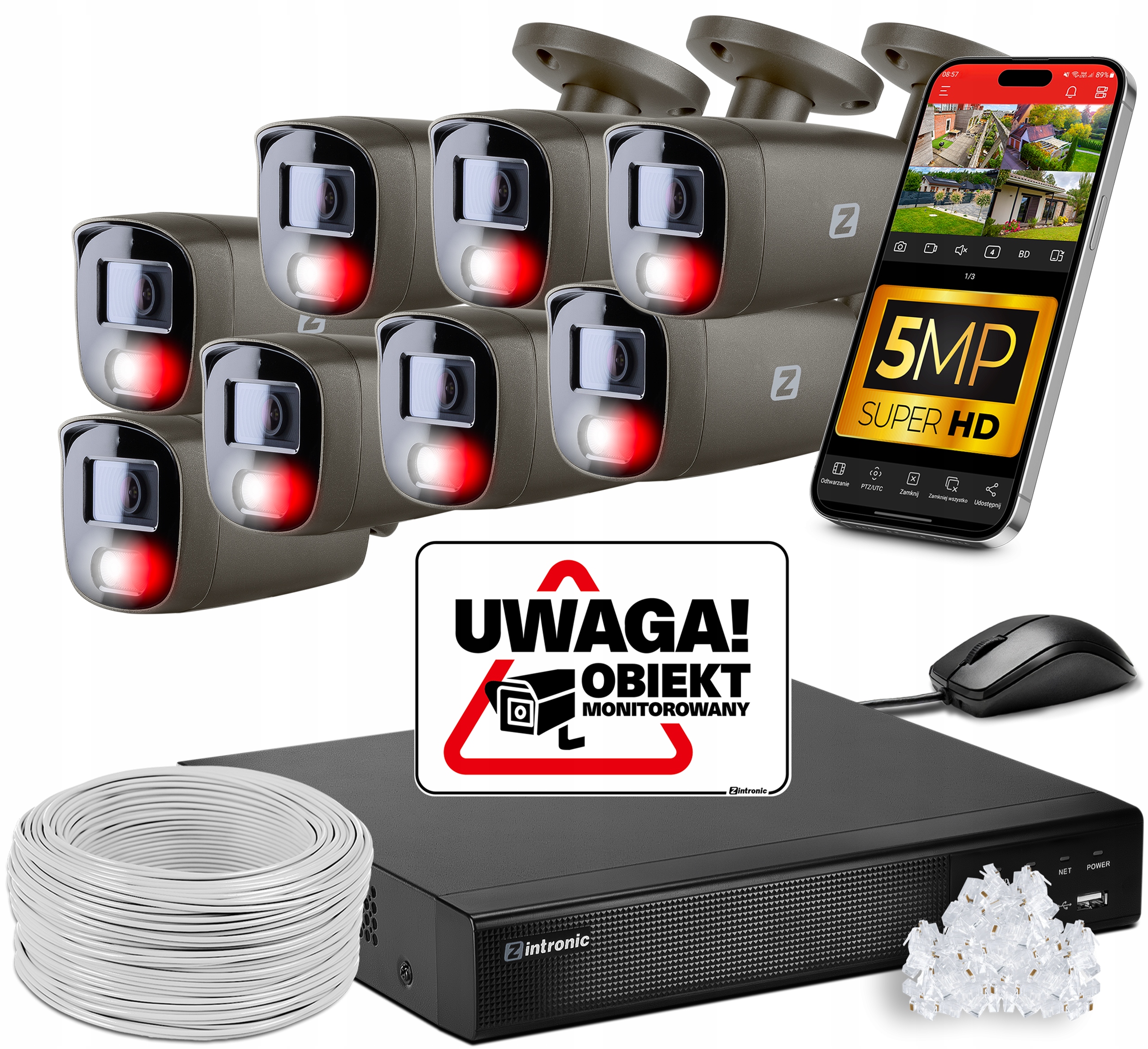 Sada Pro Monitorování 8 Kamer 5MPX Ip Poe Šedá Bez Audio Disku Detekce