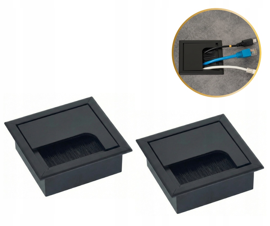 2 X Kabelová Průchodka Kovová, Čtvercová, Černá, Průchodka Stolu 80 X 80 MM