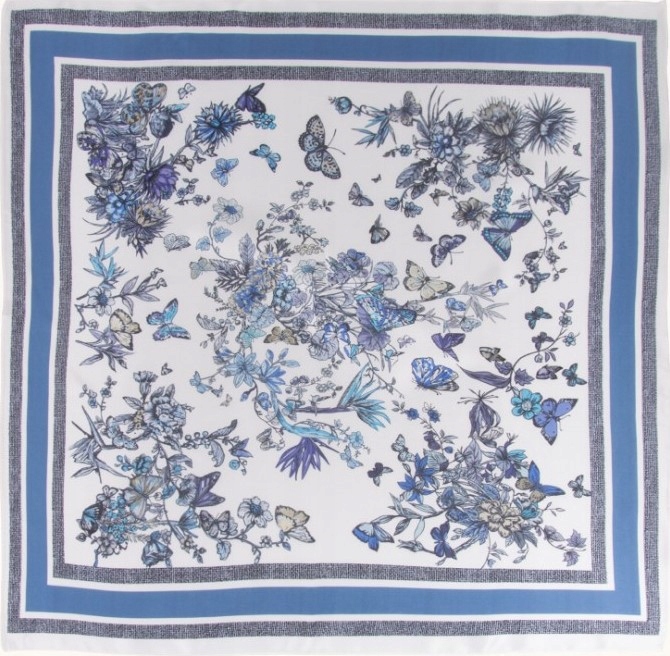Dámská hedvábná šála s modrými květy, motýli Elegantní Dárek 70 x 70 cm