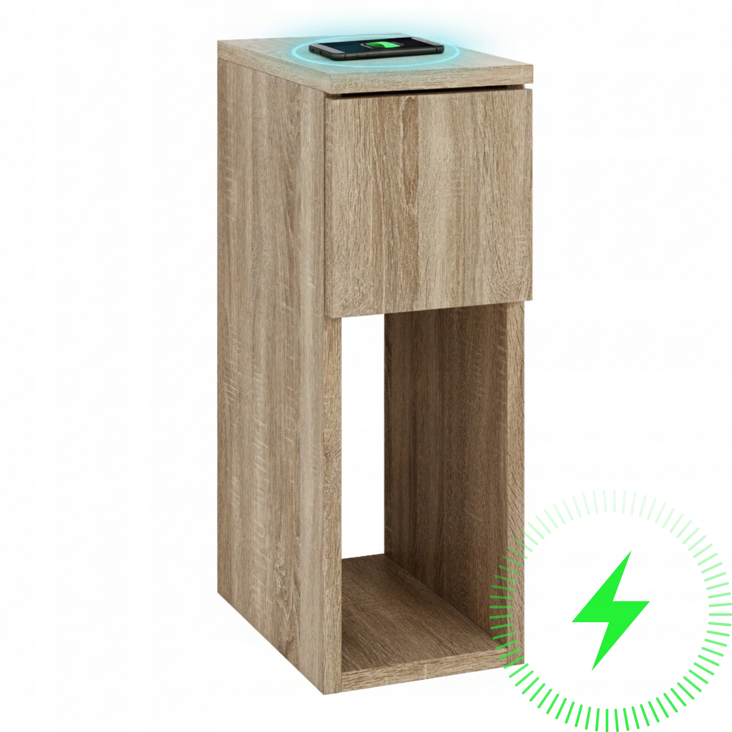 Noční Stolek Úzký 20X30X55 Se Zásuvkou A Poličkou, Indukční Nabíječka 15 W