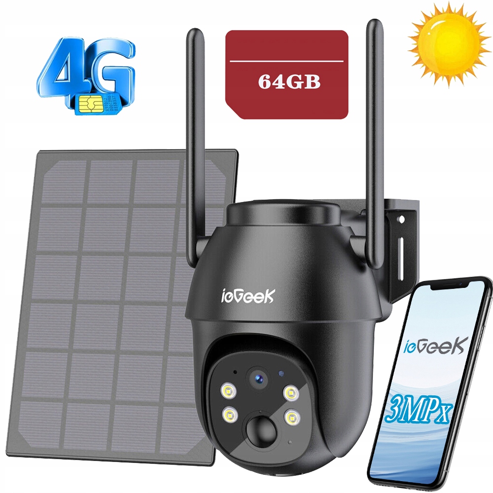 Kamera Solarna Zewnętrzna Obrotowa Gsm 3G/4G Lte Sim 2K 3MPx 64GB Karta