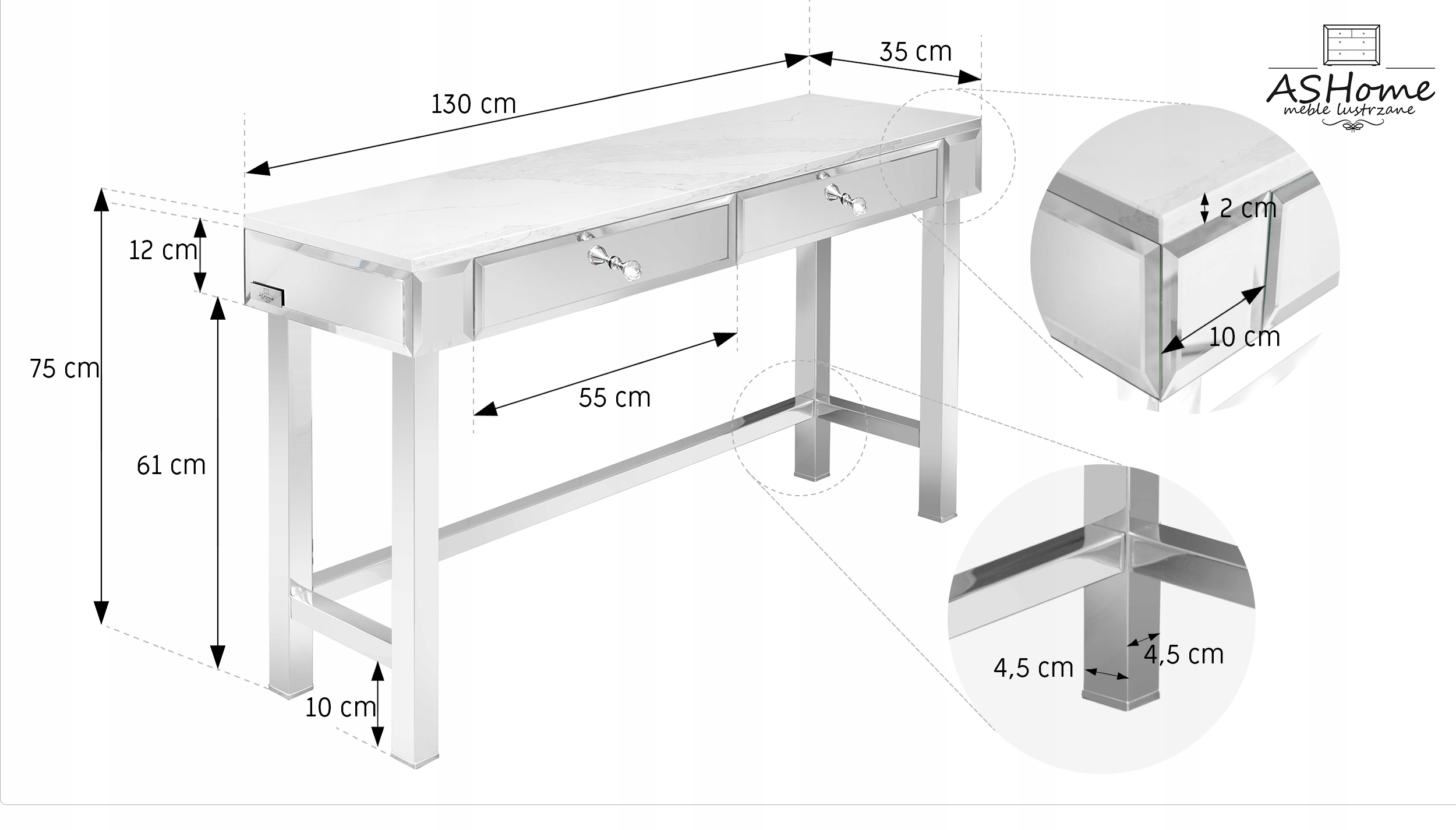 Konsola lustrzana z blatem Calacatta, stelaż chrom Szerokość mebla 130 cm