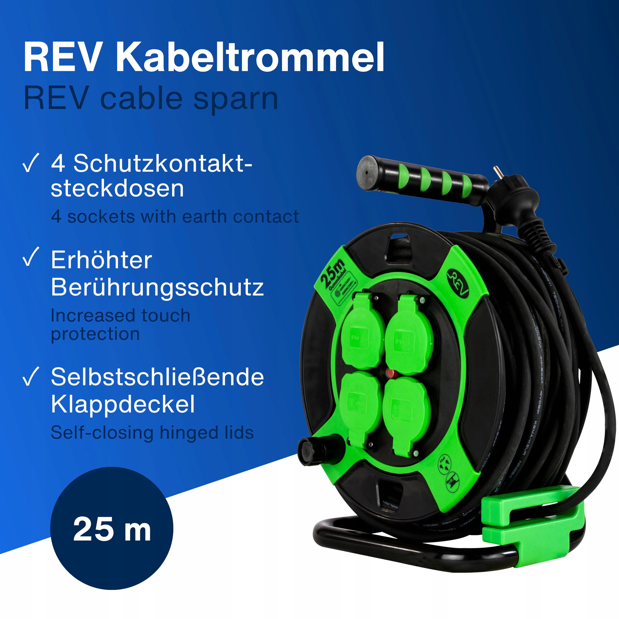 REV Kabel Bębnowy 25m H05RR IP44 3000W Do Użytku Zewnętrznego 4 Gniazda — miniatura 3
