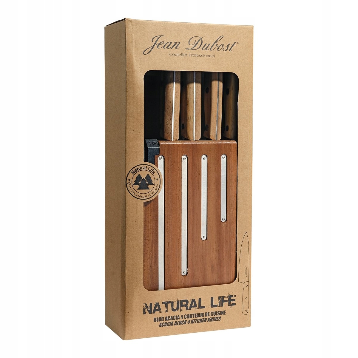 Blok so 4 kuchynskými nožmi a brúskou – akáciové drevo/Jean Dubost