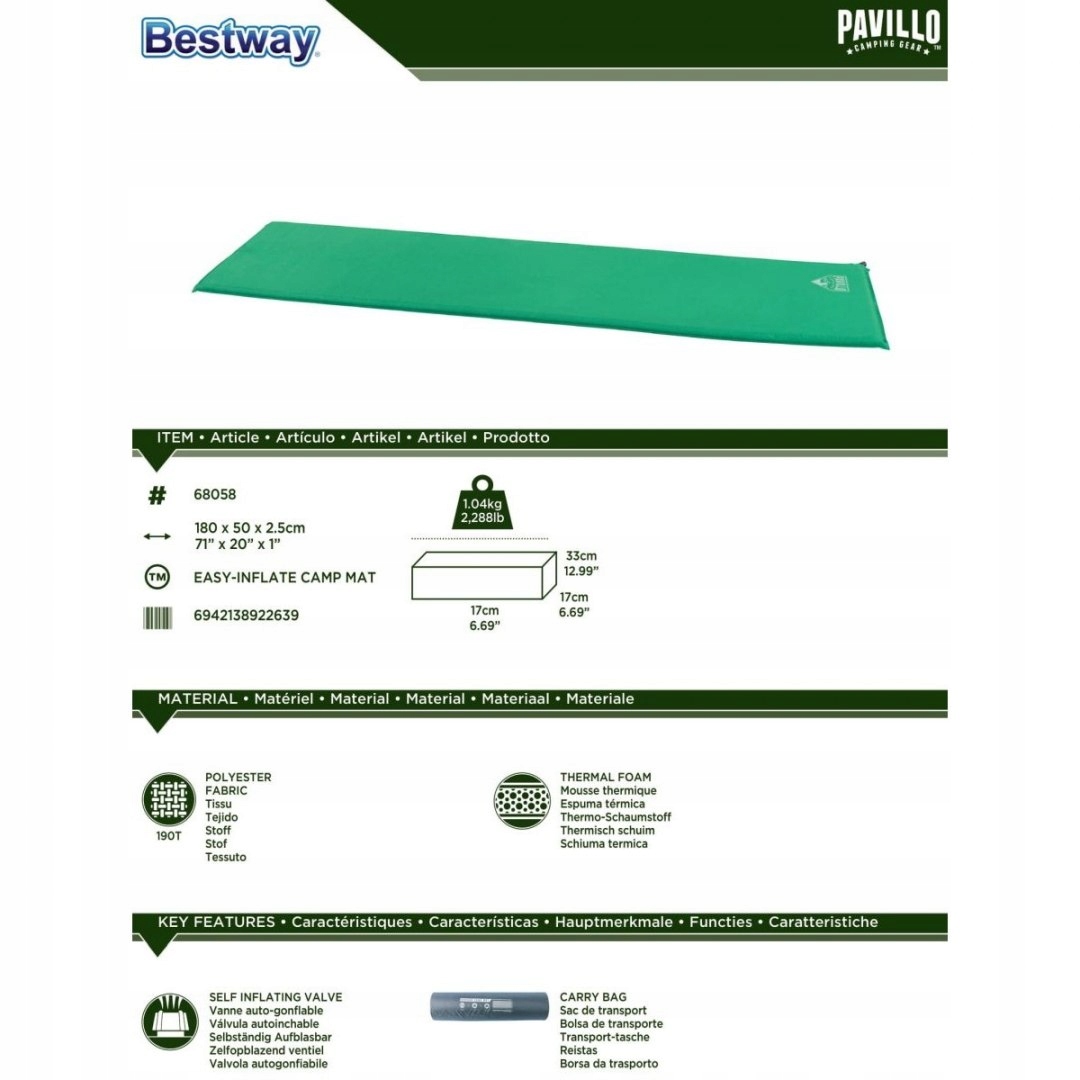 Samonafukovací karimatka Bestway Pavillo 50 cm x 180 cm x 2,5 cm Délka 180 cm