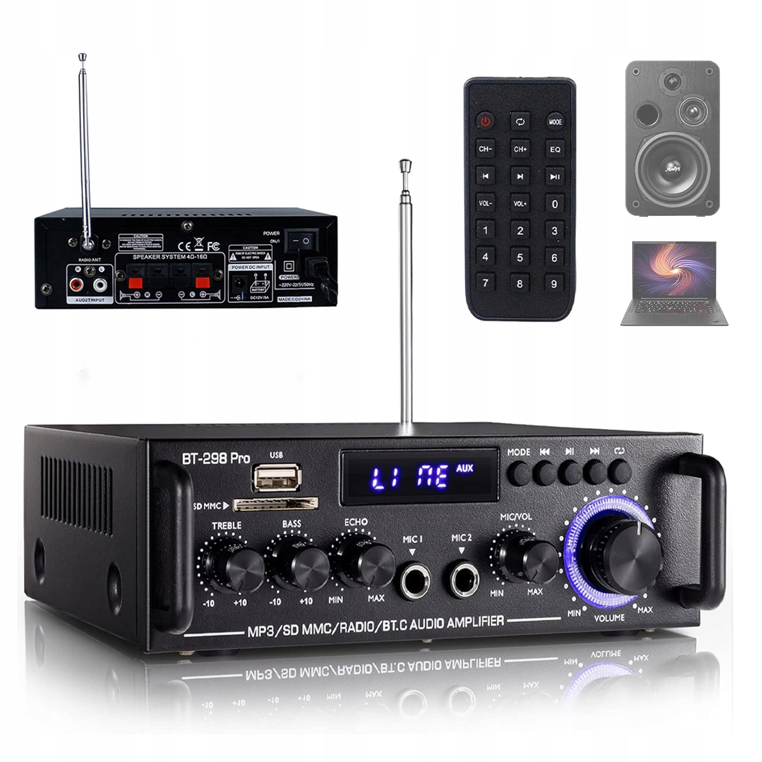 Stereo Zesilovač 50 W Bluetooth 5.0 4 Vstupy Pro Mikrofon