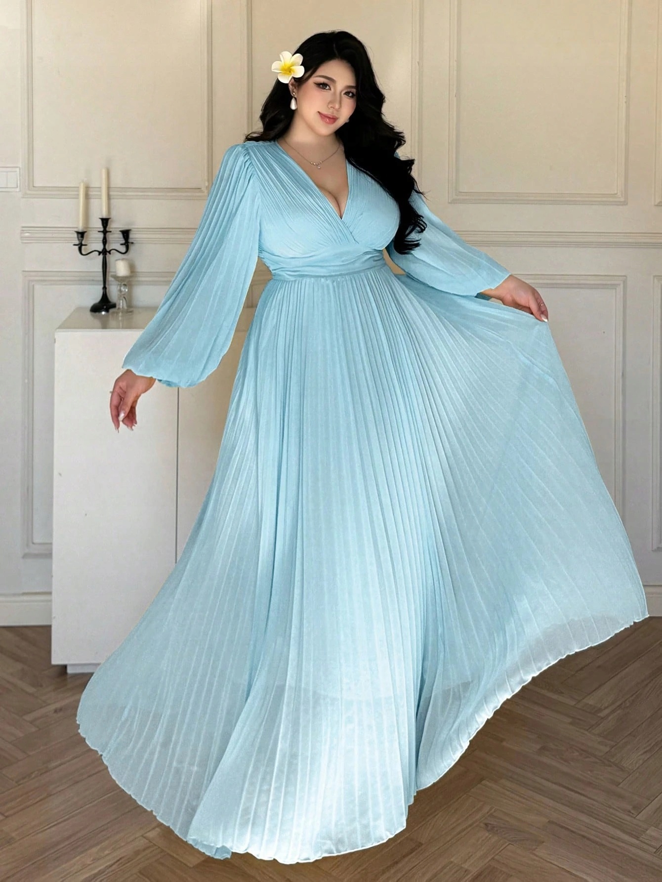 Shein Plisované Šaty S Dlouhým Rukávem Plus Size 44 1 Ma