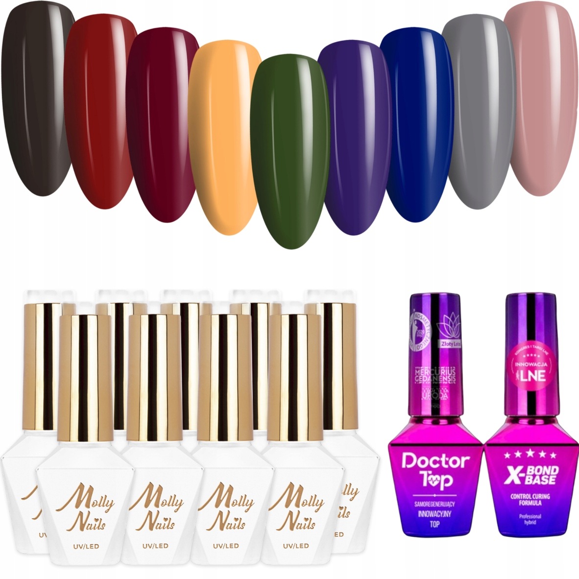 9x Hybridní lak Mollynails 8g The Trend Edit Báze Top Set Podzim