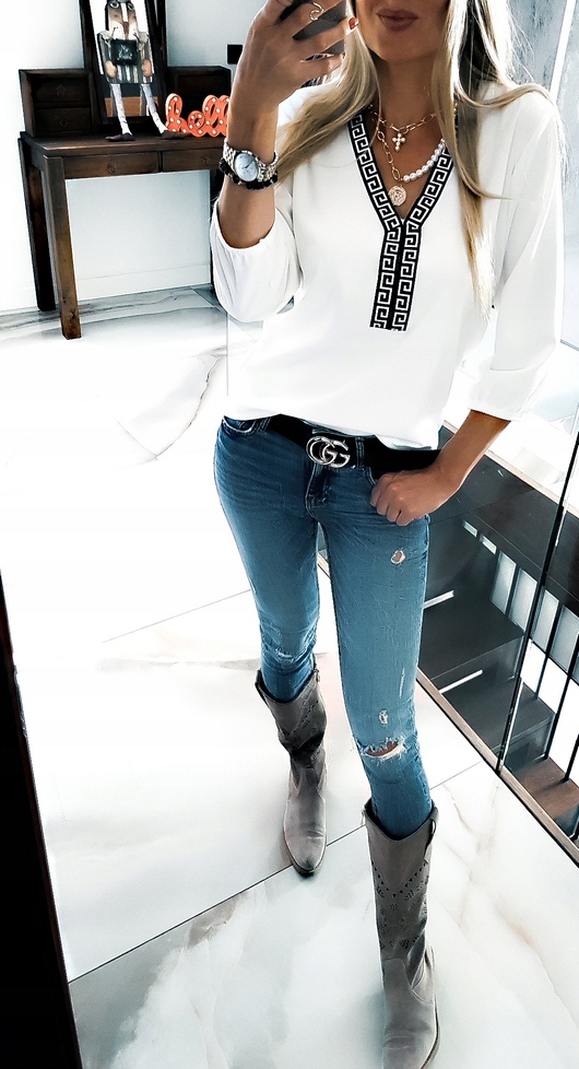 . BLUZKA NA CO DZIEŃ ELEGANCKA DEKOLT V LUŹNA Rękaw rękaw 3/4