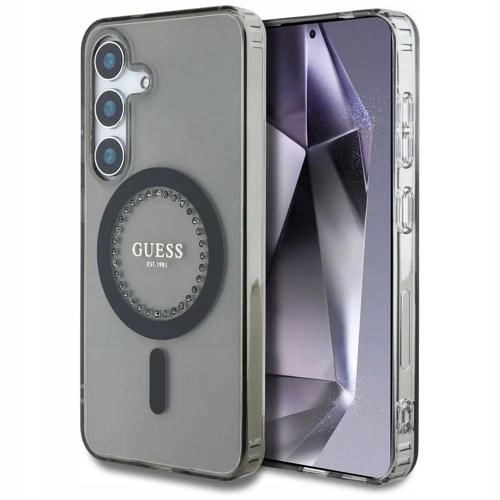 Pouzdro Guess pro Galaxy S25 MagSafe IML Rhinestones černé prémiové